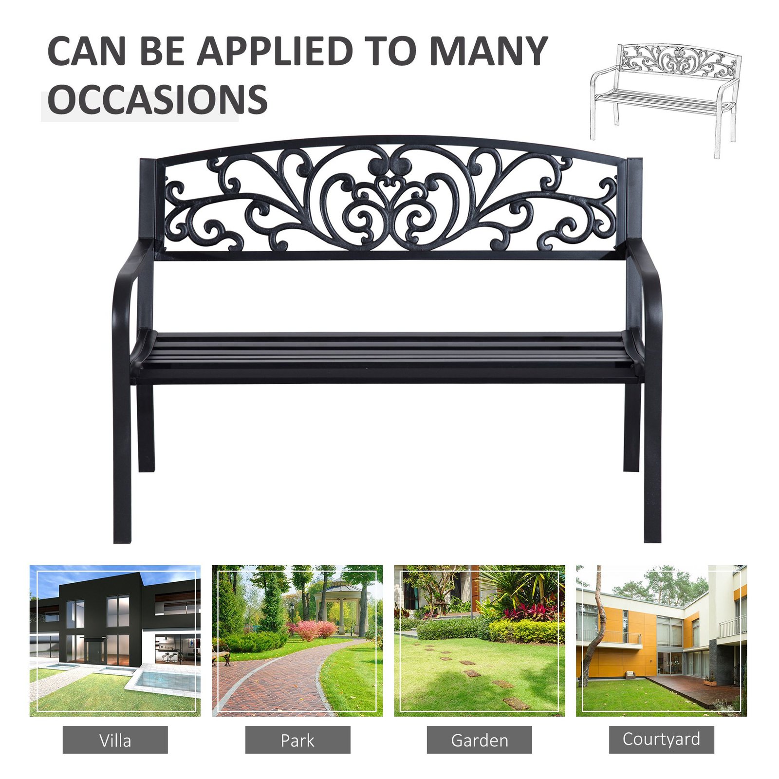 Outsunny 2-Seater Garden Bench, Steel-Black - Image 6
