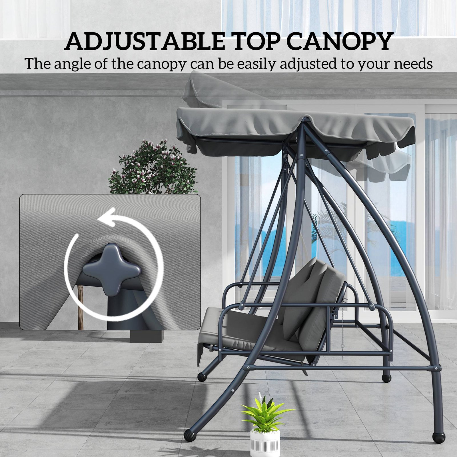 Outsunny Outdoor 2-in-1 Swing Chair Lounger 3 Seater Garden Swing Seat Bed Convertible Tilt Canopy W/ Cushion, Light Grey - Image 4
