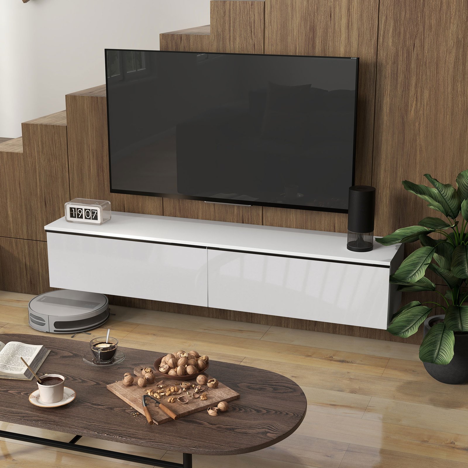 HOMCOM 160cm High Gloss Floating TV Unit Stand for TVs up to 70", Wall Mounted TV Cabinet with Storage Cupboards, White - Image 7