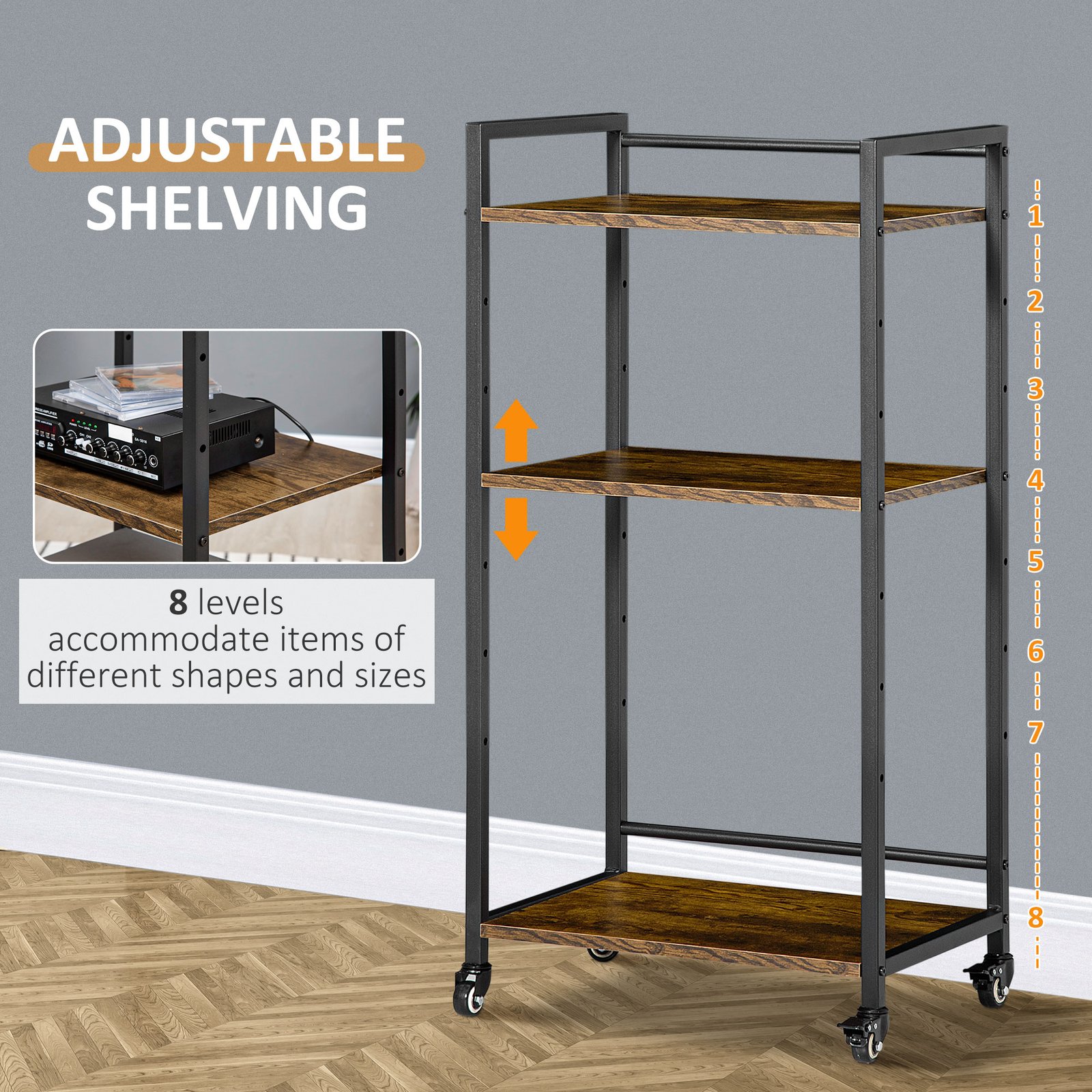 HOMCOM 3-Tier Printer Stand, Utility Cart, Rolling Trolley with Adjustable Shelves with Lockable Wheels for Home Office, Rustic Brown - Image 6