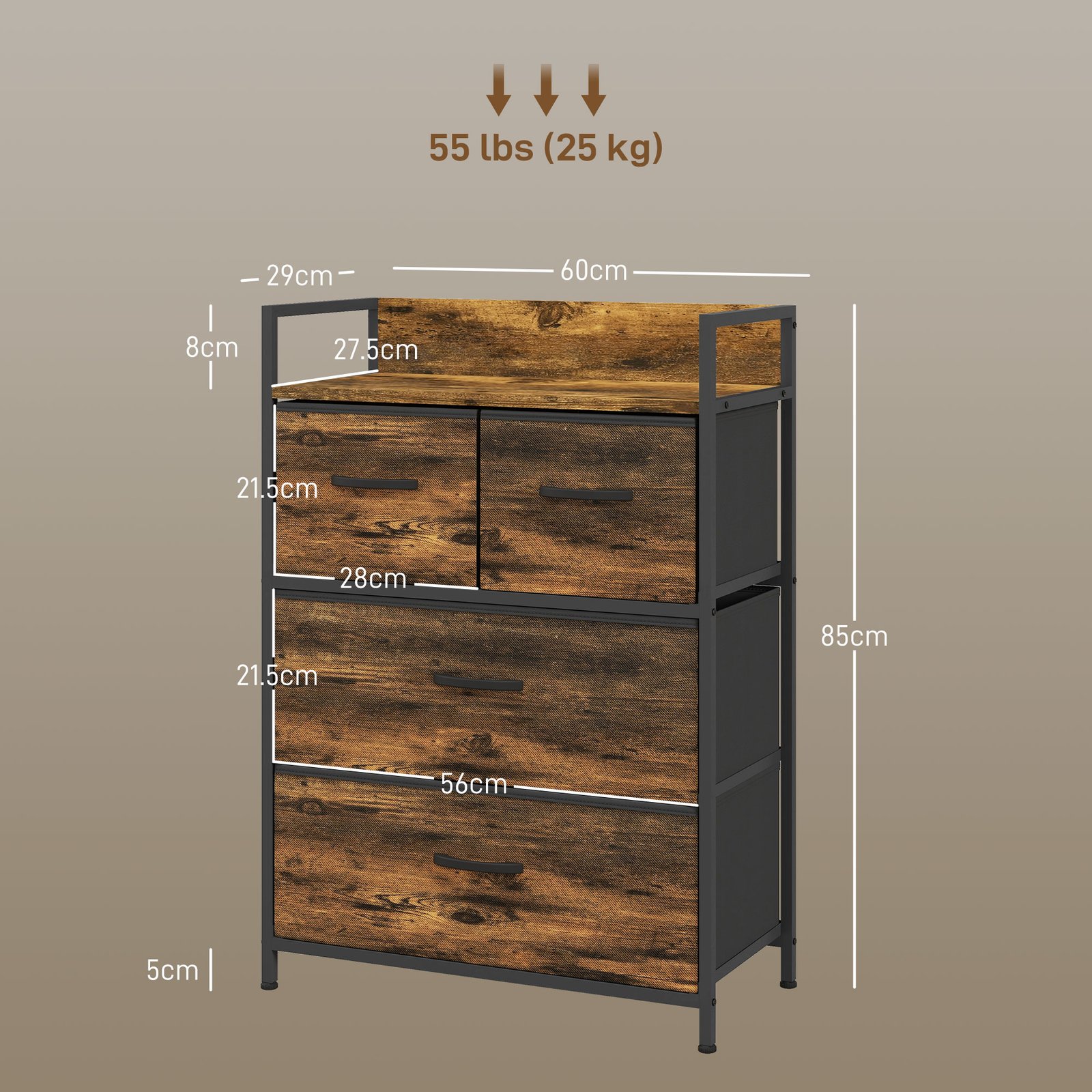 HOMCOM Rustic Chest of Four Fabric Drawers - Rustic Brown - Image 3