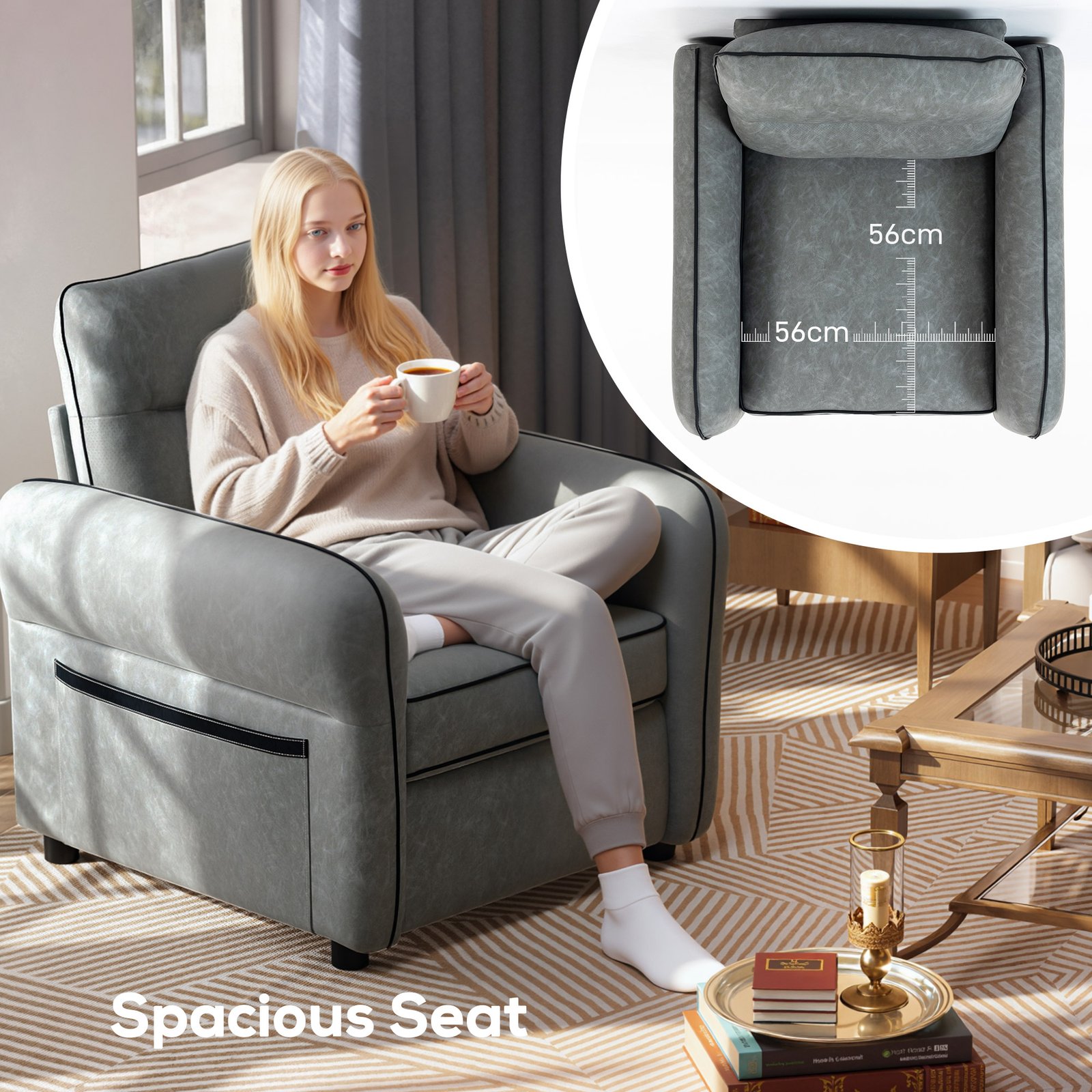 HOMCOM Accent Chair, Faux Leather Armchair - Grey - Image 5