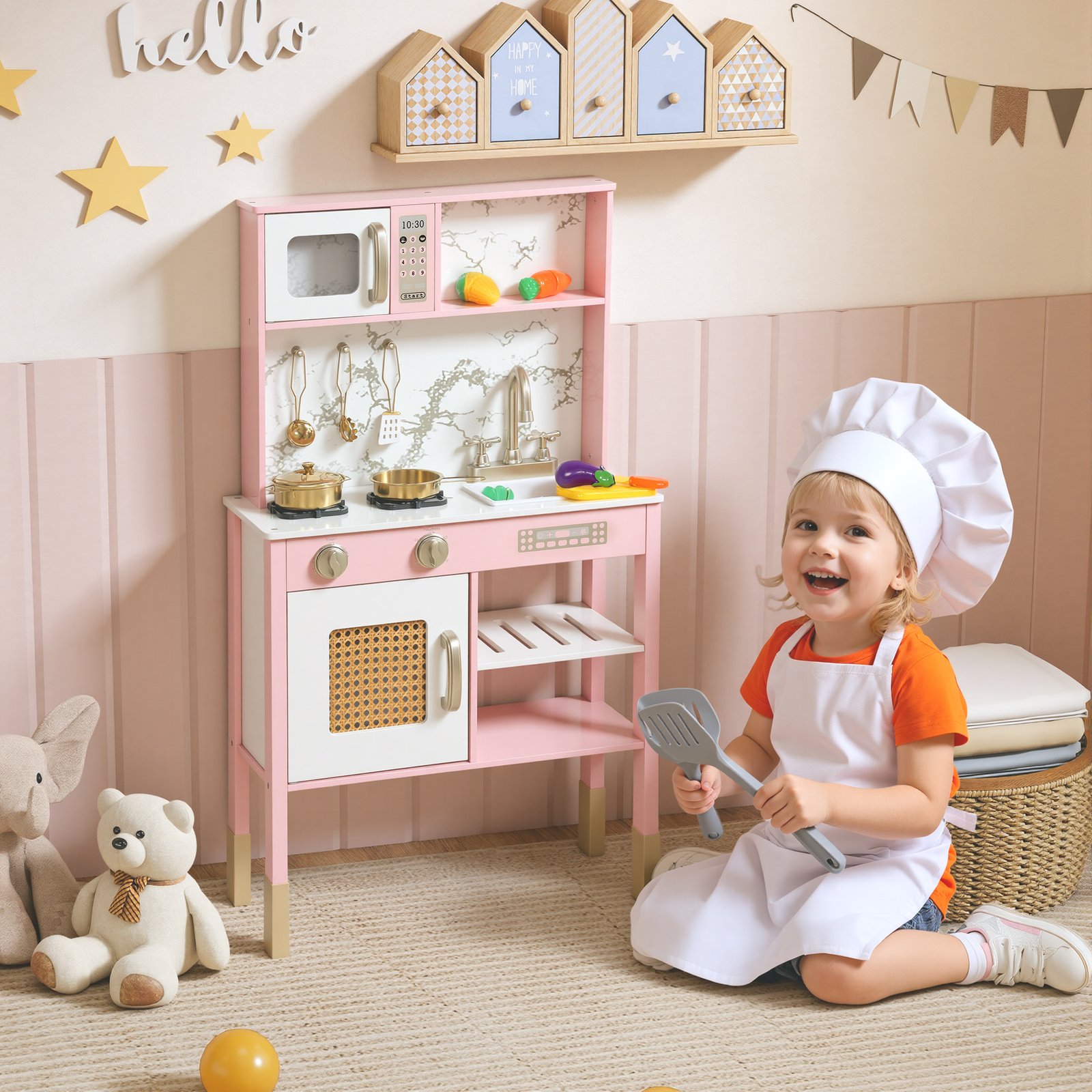 AIYAPLAY Kitchen Playset with Pretend Play Cooking Accessories, Play Kitchen with Oven, Microwave and Sink, Pink - Image 2