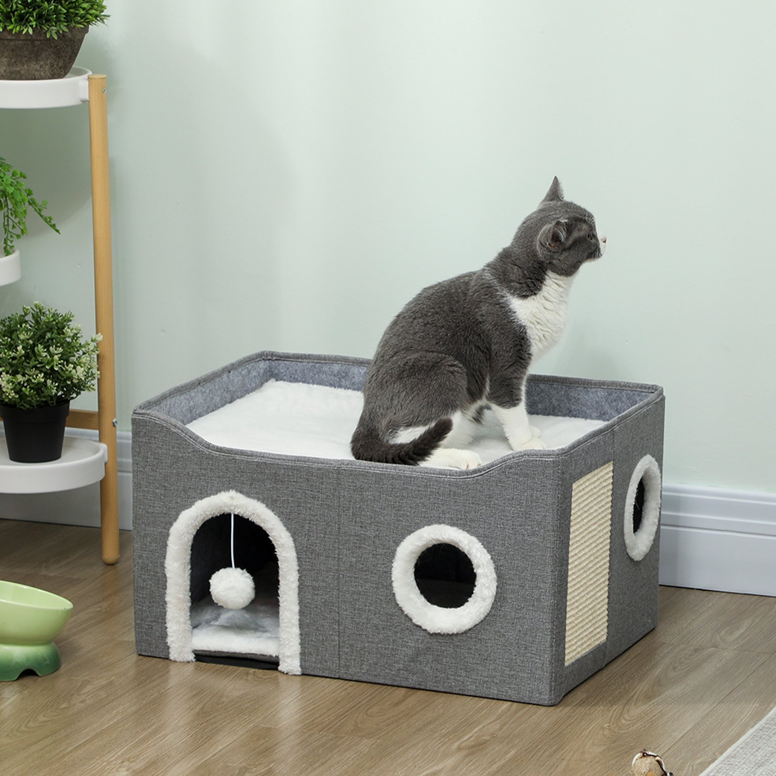 PawHut Cat Bed for Indoor Pets, Foldable Cat House with Fluffy Ball and Scratch Pad for Small and Medium Pets, Grey - Image 2