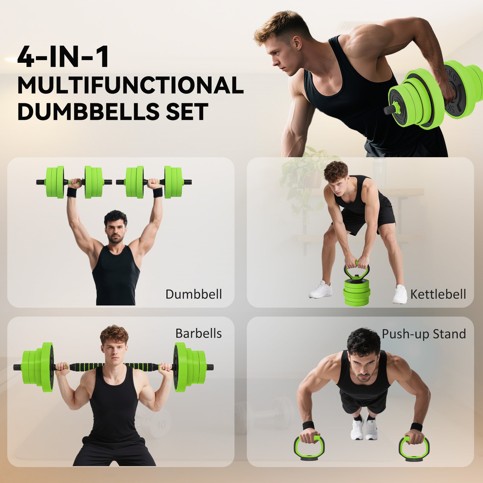SPORTNOW 40kg 4-In-One Adjustable Weight Dumbbells Set, Barbell, Kettlebell, Push Up Stand - Green - Image 4