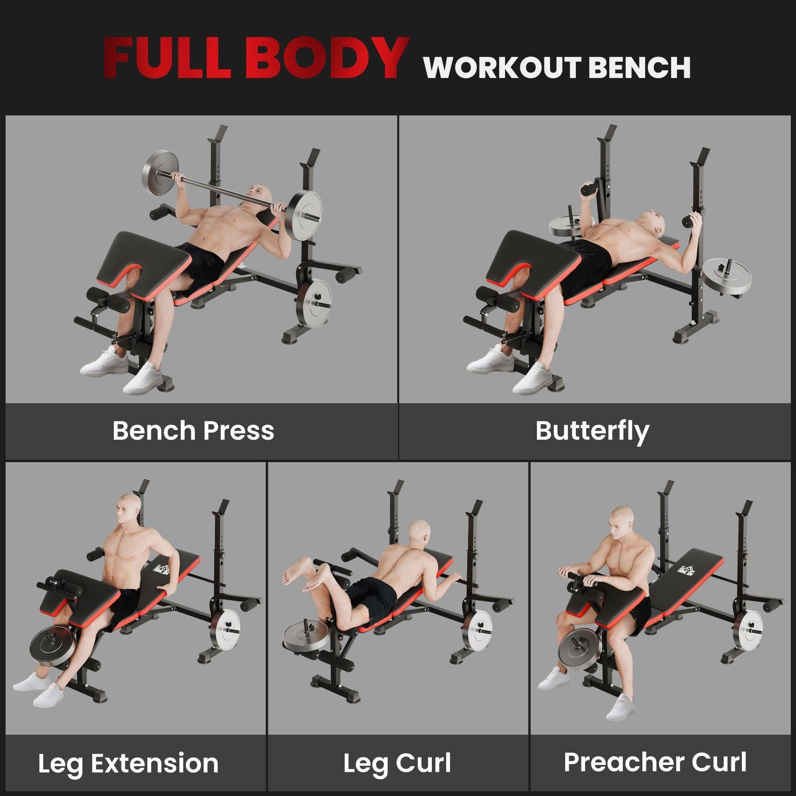 HOMCOM Adjustable Weight Bench with Leg Extension, Barbell Rack, Preacher Curl Pad, Butterfly, Multi-Function Home Gym Bench for Strength Training, Red - Image 4