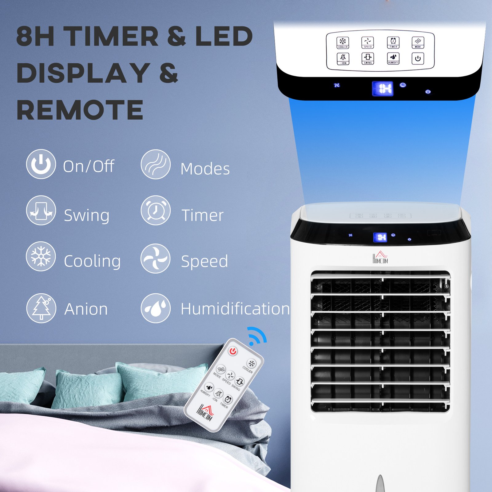 HOMCOM Portable Air Cooler, Evaporative Anion Ice Cooling Fan Water Conditioner Humidifier Unit with 10L Water Tank, 3 Modes, 3 Speed, Remote, Timer, Oscillating for Home Quiet Bedroom, White - Image 9