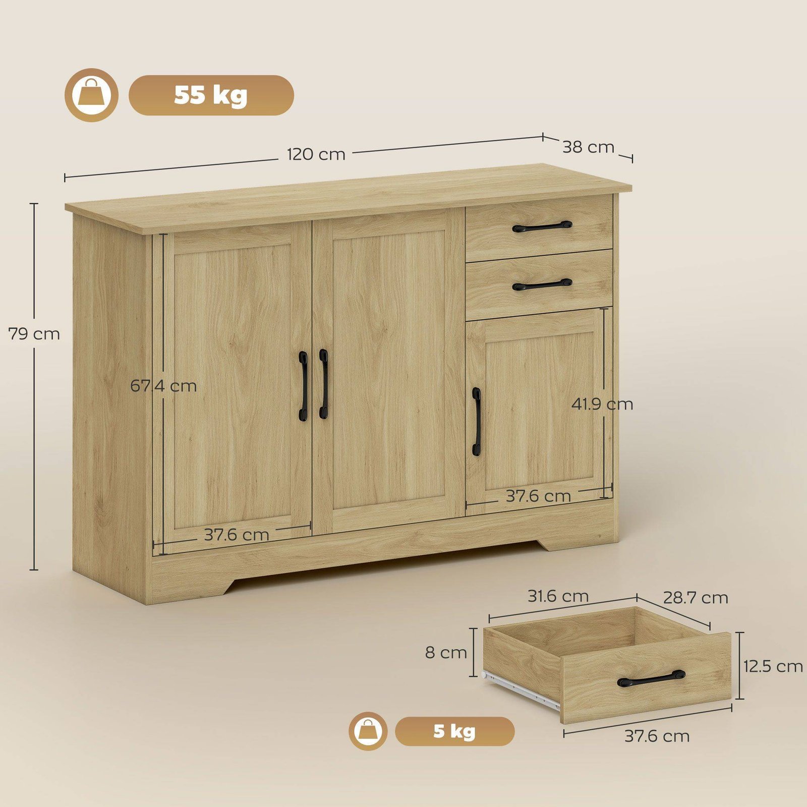 HOMCOM Sideboard with 2 Drawers Modern Storage Cabinet, Kitchen Cupboard with Adjustable Shelf and 3 Doors Natural - Image 3
