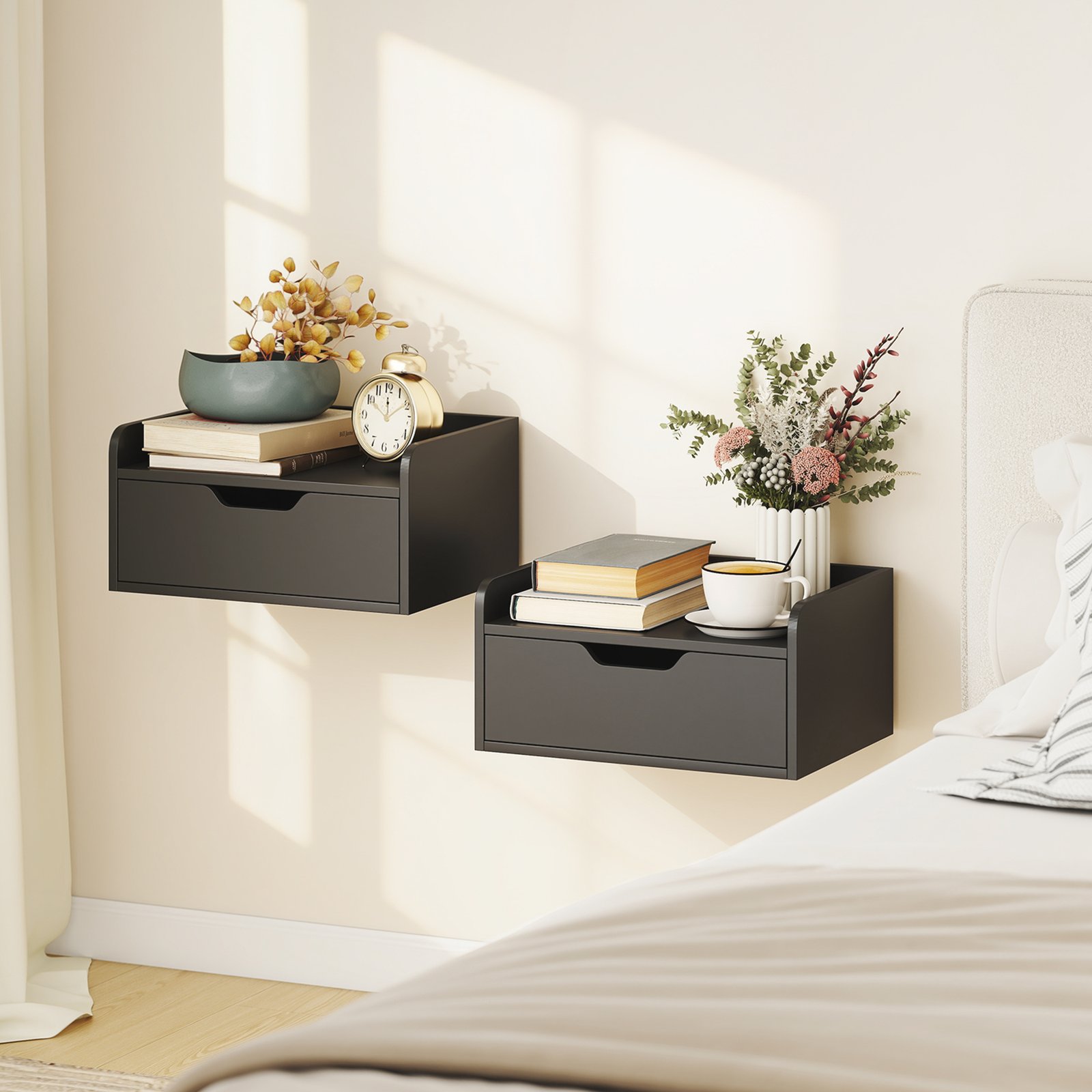 HOMCOM Floating Nightstands Set of 2, Wall Mounted Bedside Table with Drawer for Bedroom, Black - Image 9