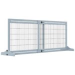 PawHut Freestanding Dog Gate, Foldable Pet Fence, Indoor Wood Barrier, Stair Gate with Support Feet, for Doorway, Hallway, Small and Medium Dogs, 69H x 104-180 cm, Blue-grey