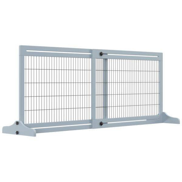 PawHut Freestanding Dog Gate, Foldable Pet Fence, Indoor Wood Barrier, Stair Gate with Support Feet, for Doorway, Hallway, Small and Medium Dogs, 69H x 104-180 cm, Blue-grey