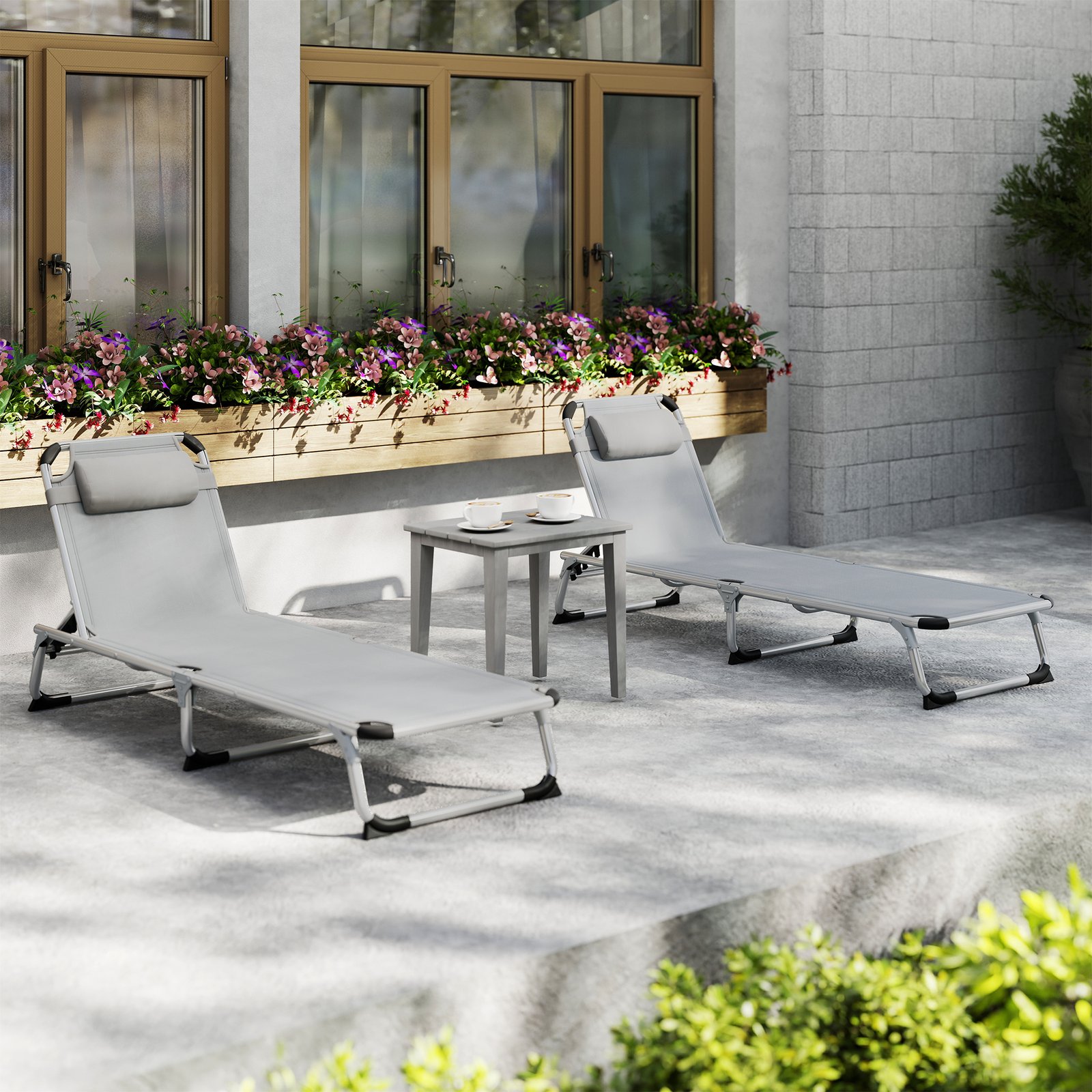 Outsunny Foldable Outdoor Sun Lounger Set of 2, Reclining Lounge Chair Camping Bed Cot with Pillow 4-Level Adjustable Back Aluminium Frame, Light Grey - Image 9