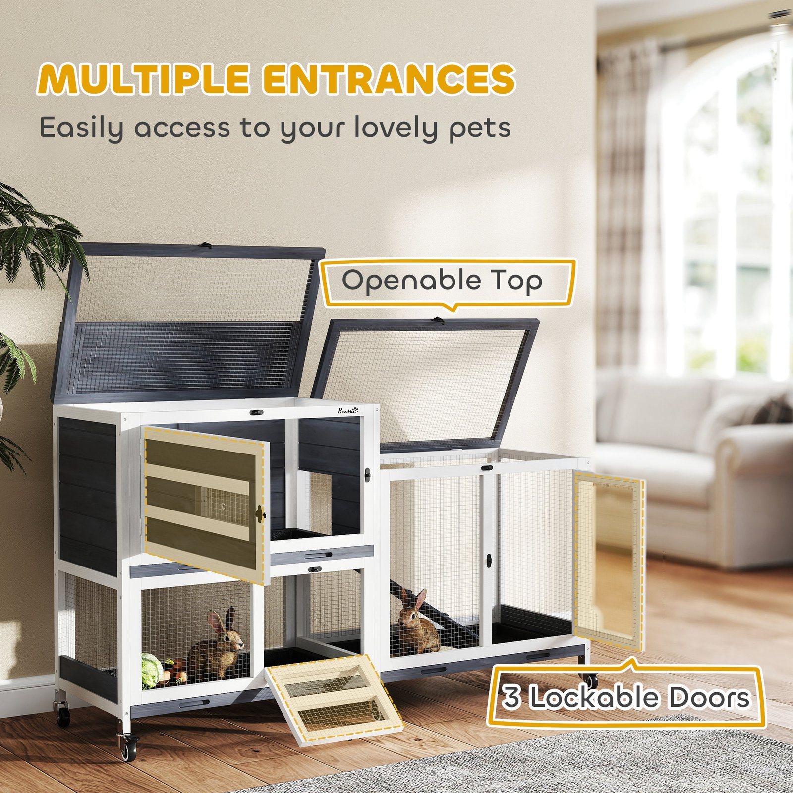 PawHut Wooden Rabbit Hutch with Run, 2-Tier Guinea Pig Hutch with Run, Wheels, 3 Plastic Trays, 2 Openable Top, for 2-3 Rabbits - Image 7