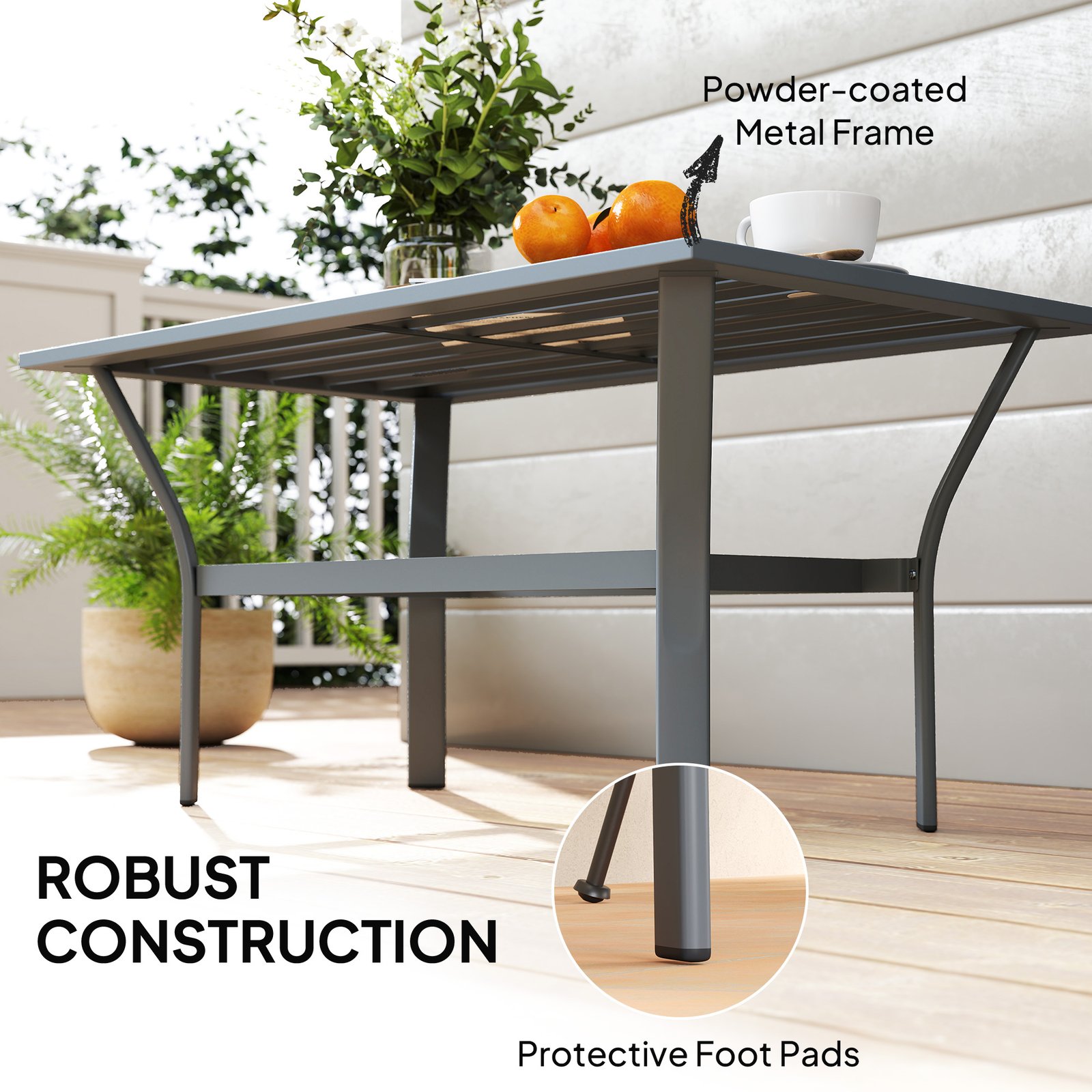 Outsunny Metal Garden Coffee Table, Rectangular Outdoor Side Table with Slatted Tabletop, Foot Pads for Outside, Garden, Balcony, Porch, 91.5 x 55 x 45cm, Dark Grey - Image 5