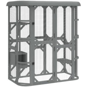 PawHut Catio Outdoor Cat Enclosure,  Wooden Cat House with Platforms, Condo and Waterproof Cover for 23 Kittens, Grey