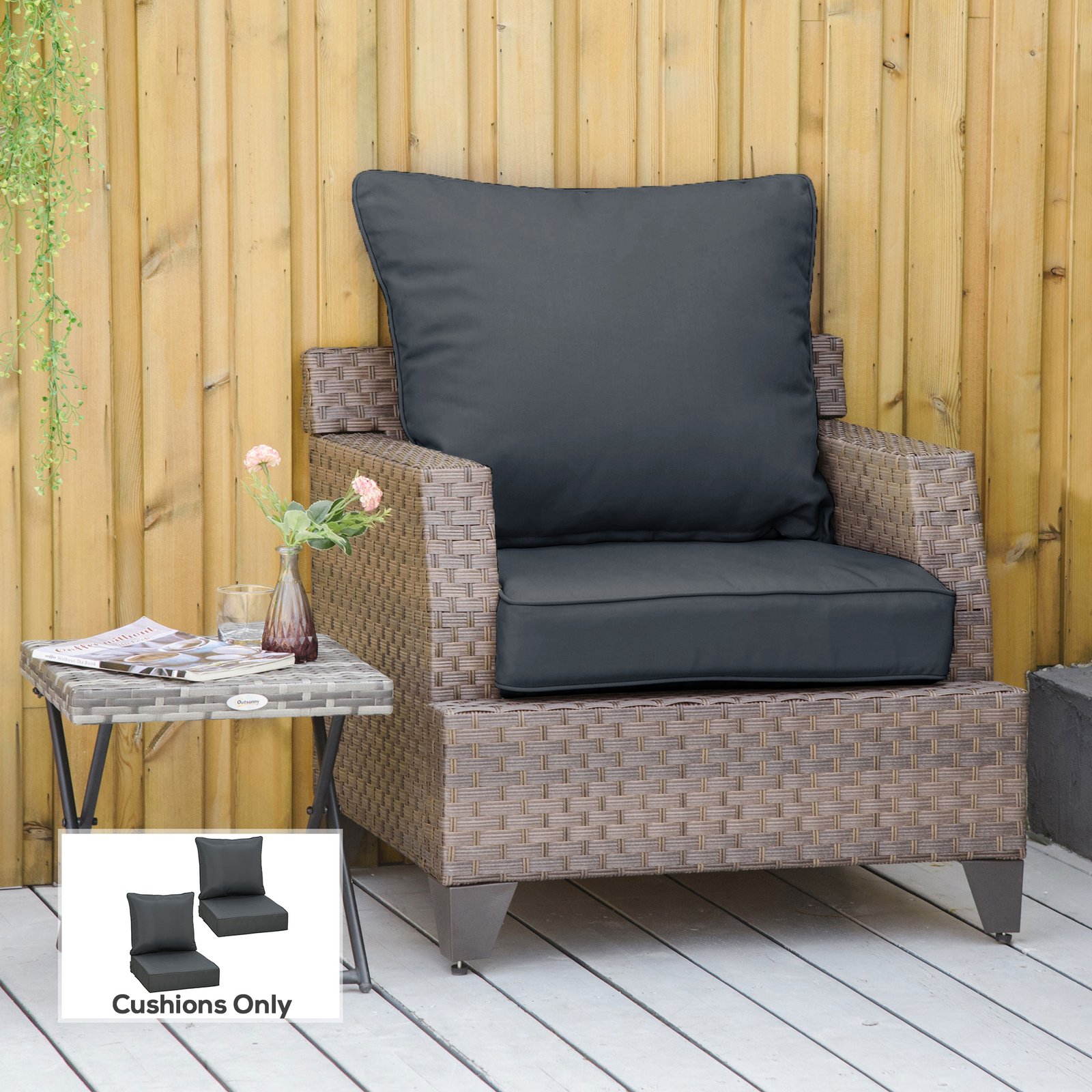 Outsunny Outdoor Seat and Back Cushion Sets, 63L x 55W x 15Dcm Olefin Patio Deep Seating Chair Fade Resistant Replacement Cushion for Rattan Sofa, Indoor or Outdoor Furniture, Dark Grey - Image 2