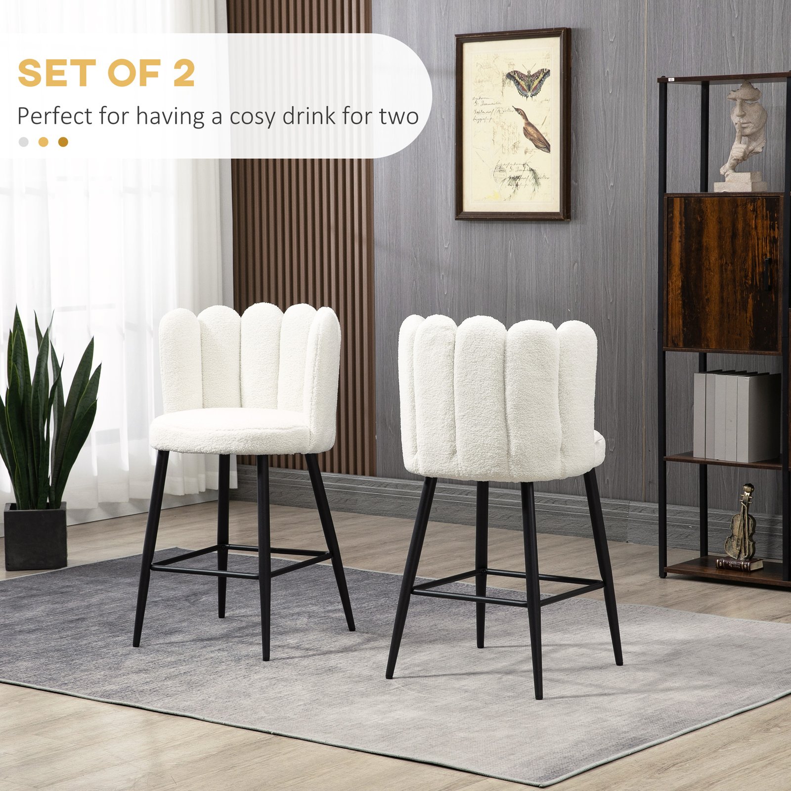 HOMCOM Bar Stools Set of 2, Modern Boucle Upholstered Shell Barstools, Breakfast Bar Chairs with Backrest, Footrest and Steel Base for Kitchen Counter, Cream - Image 4