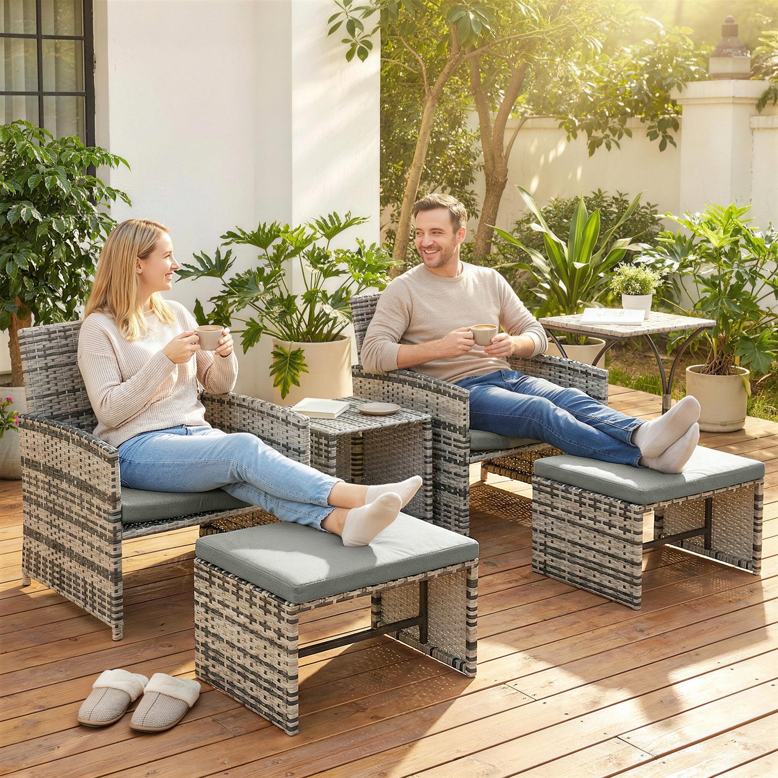 Outsunny 6 Piece Rattan Garden Furniture, Space-Saving Patio Furniture Set with Nesting Tables, Chairs, Stools, Cushions, Grey - Image 9