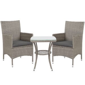 Outsunny 3 Pieces Rattan Bistro Set, Wicker Garden Furniture Set with 2-Tier Coffee Table and Chairs, Washable Cushions, for Outdoor Patio Balcony, Grey