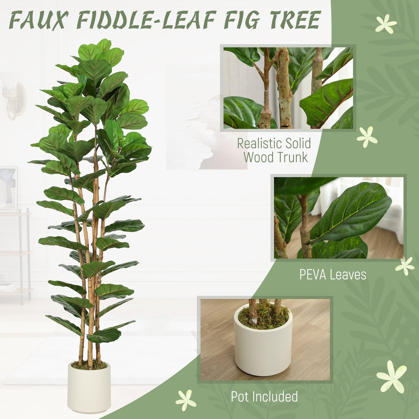 HOMCOM 180cm Artificial Fiddle Leaf Fig Tree - Green - Image 4