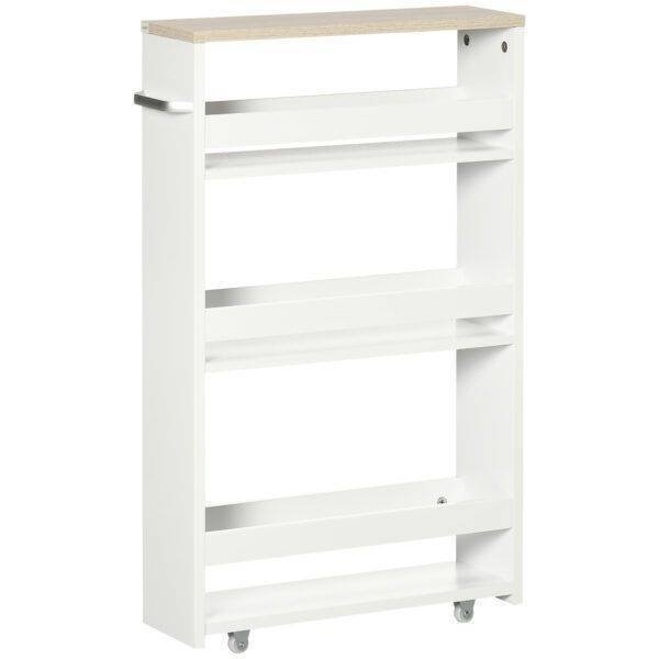 kleankin Storage Cart, 4-Tier Compact Storage Trolley on Wheels and Handle, 48W x 15D x 80H cm, White kleankin Storage Cart, 4-Tier Compact Storage Trolley on Wheels and Handle, 48W x 15D x 80H cm, White