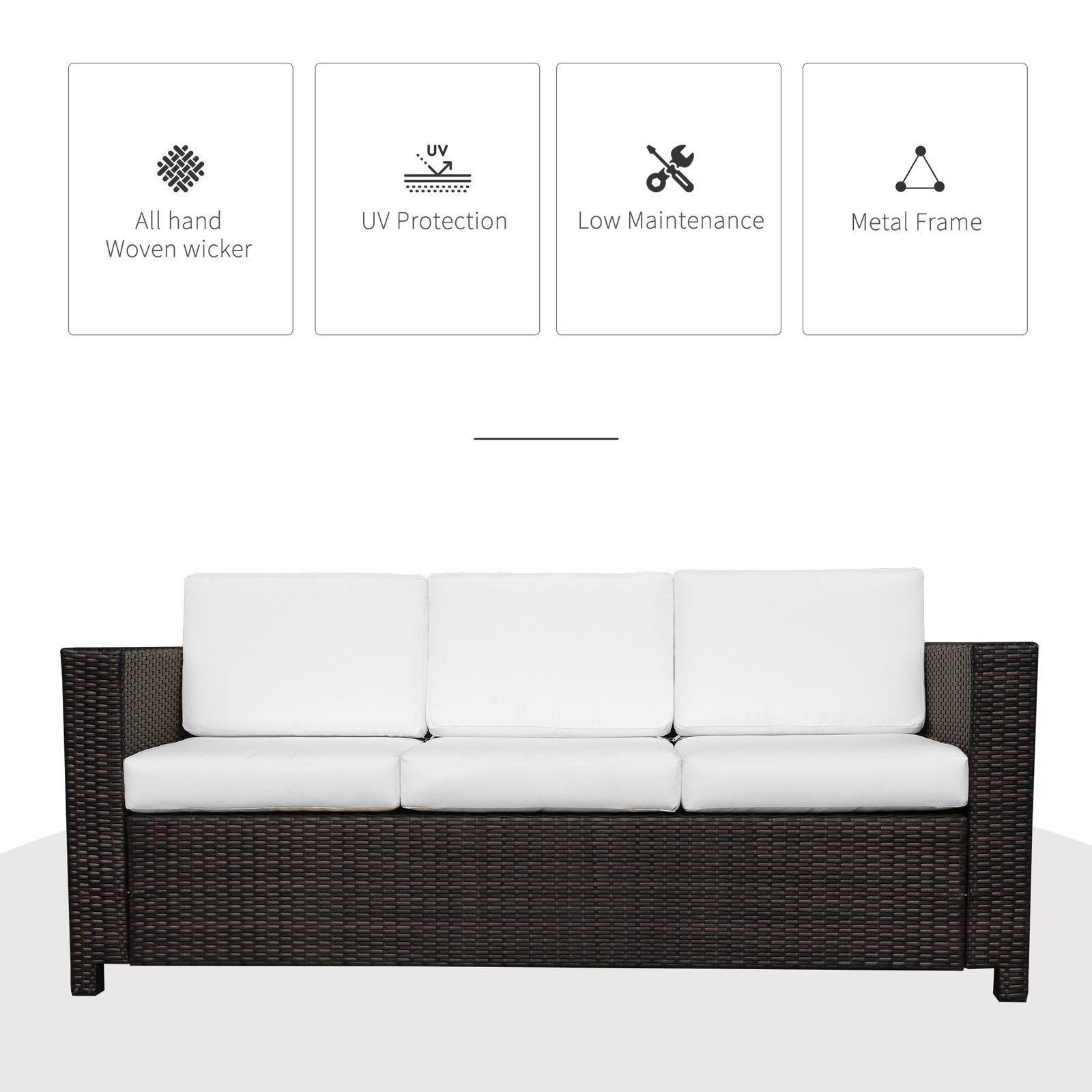 Outsunny 3 Seater Rattan Sofa, All-Weather Wicker Weave Metal Frame Chair with Fire Resistant Cushion, Brown - Image 4