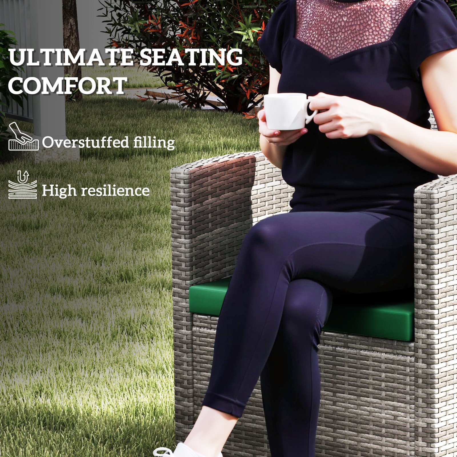 Outsunny Outdoor Seat Cushion Pads for Rattan Furniture, 3 PCs Garden Furniture Cushions, Green - Image 6