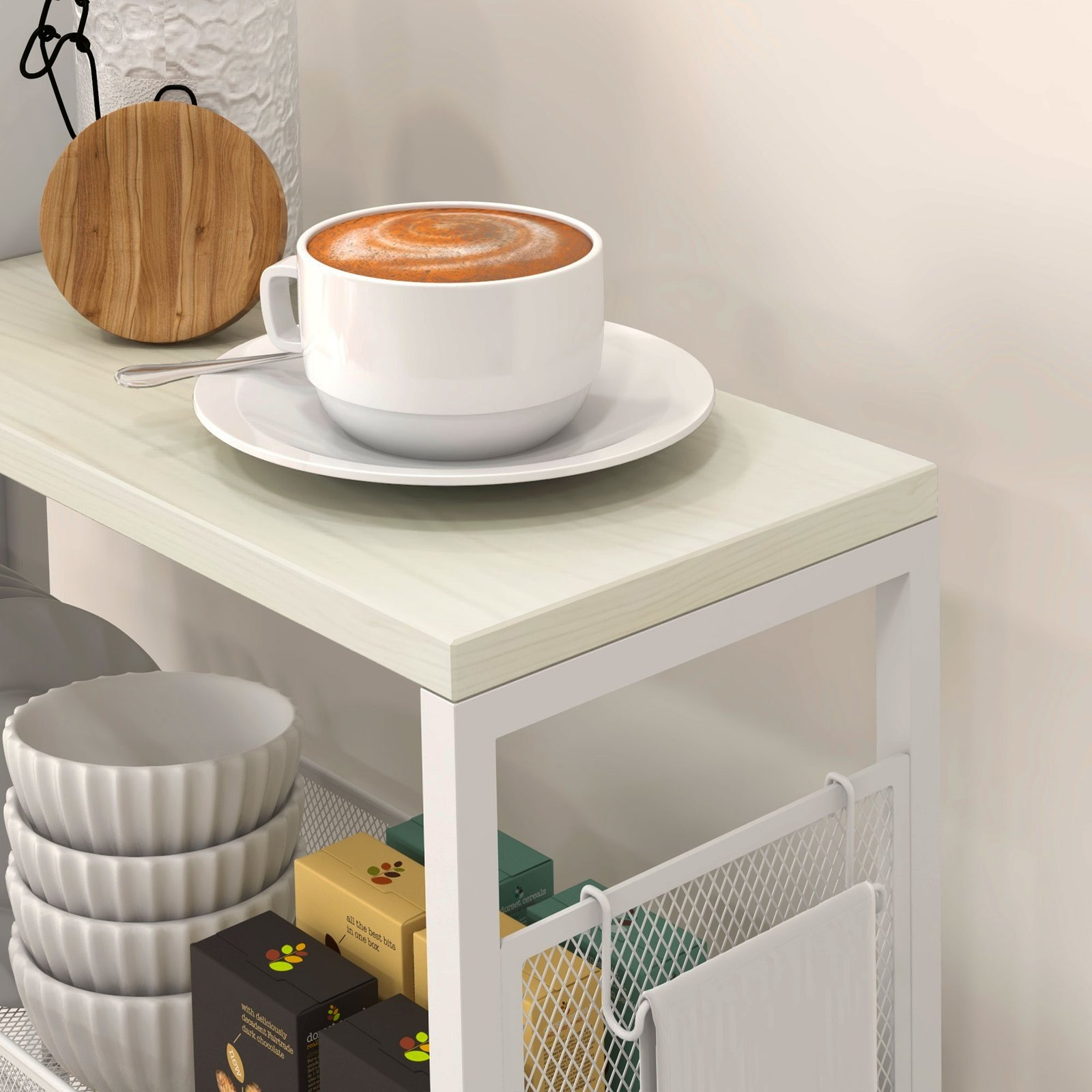 HOMCOM 3-Tier Kitchen Cart with 3 Steel Wire Baskets - White - Image 9