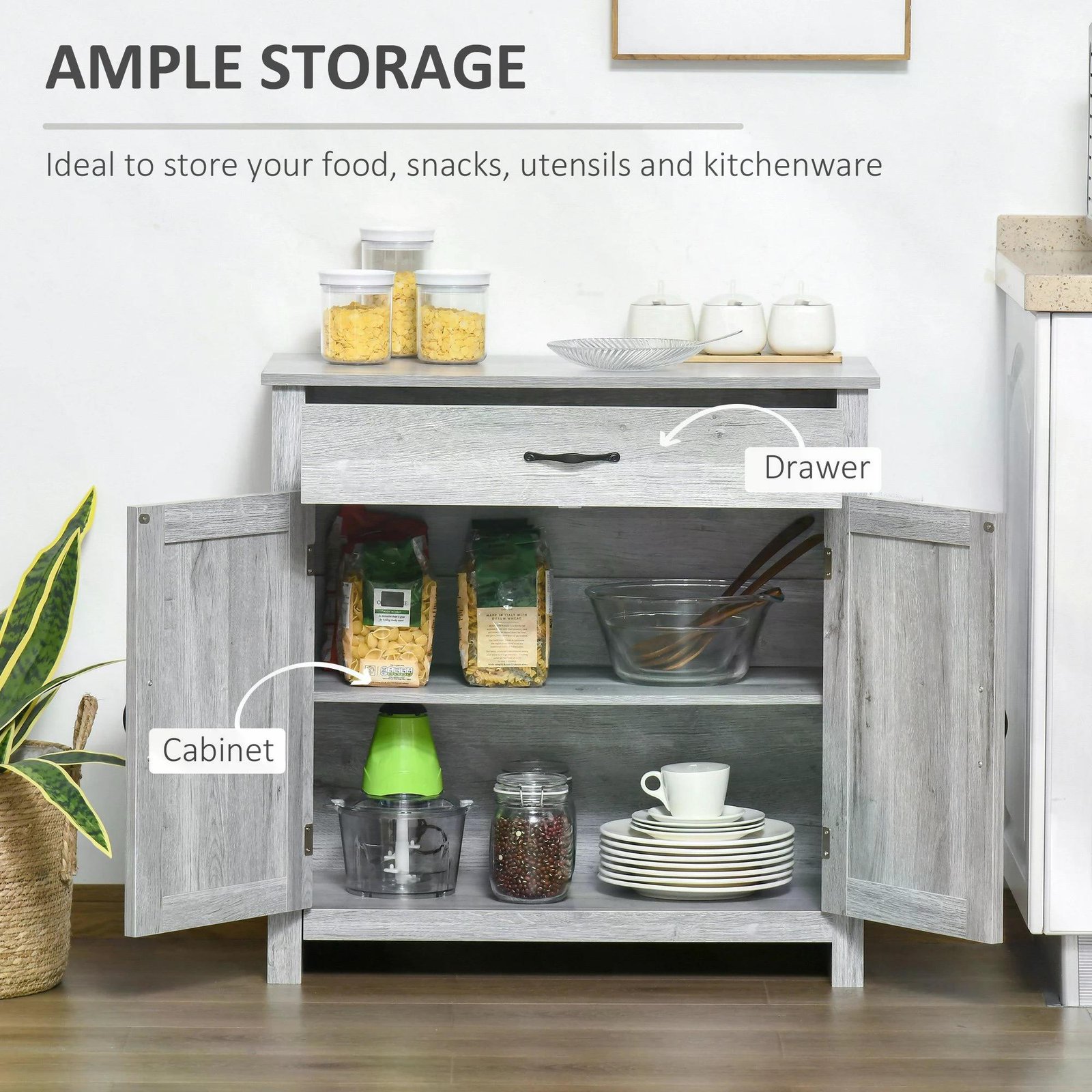 HOMCOM Farmhouse Barn Door Sideboard Storage Cabinet Coffee Bar for LIVING Room Grey Grain - Image 7