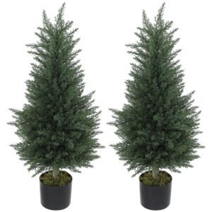 HOMCOM Artificial Cypress Tree, 90 cm Fake Cypress Tree with Plastic Pots, UV-Resistant Faux Plants for Garden Front Porch Decoration, 2 Pack