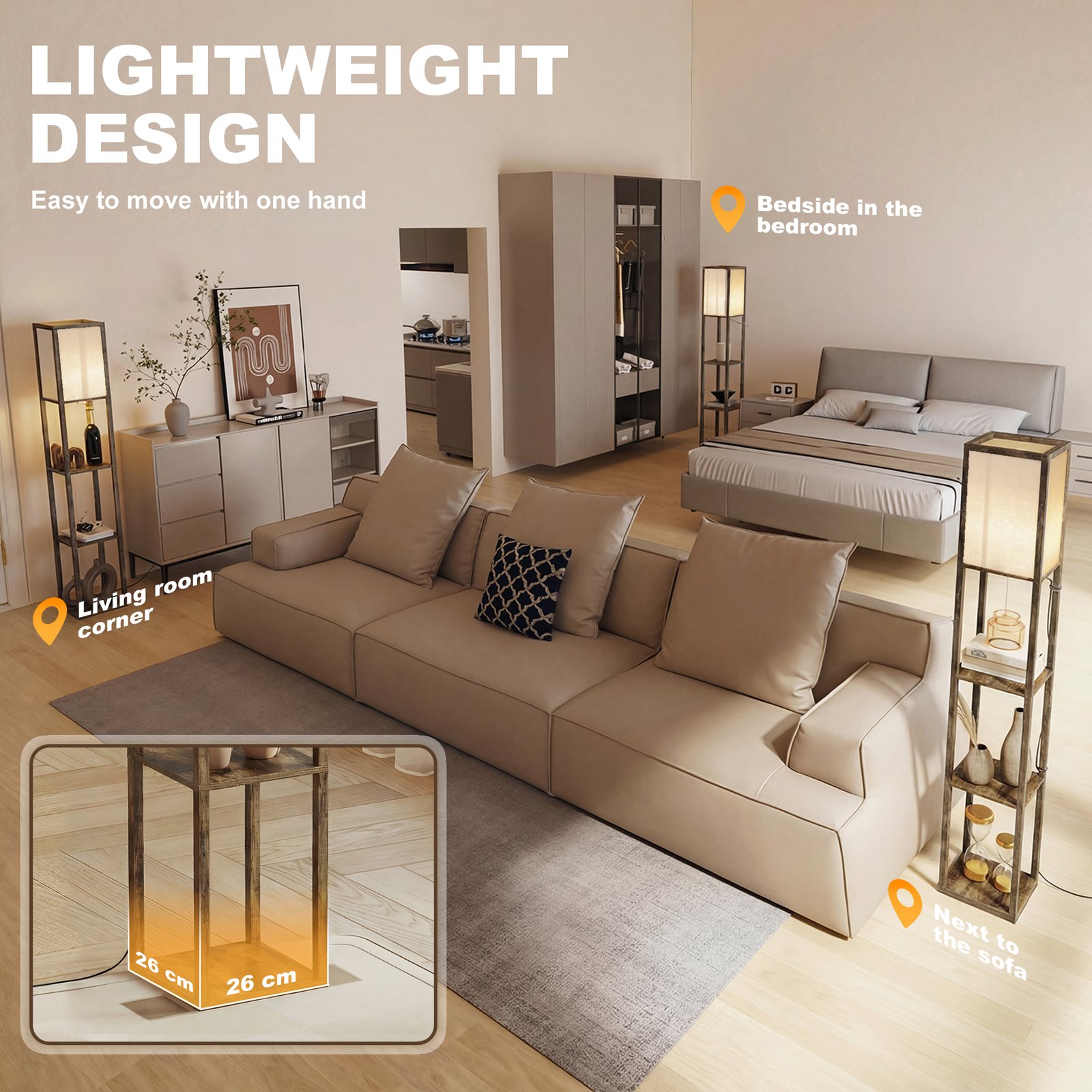 HOMCOM 3-Tier Floor Lamp with Shelves and Storage, Modern Corner Standing Lamp with Lampshade, Reading Light with Foot Switch for Living Room, Bedroom, Home Office, Bulb not Included, Brown - Image 8