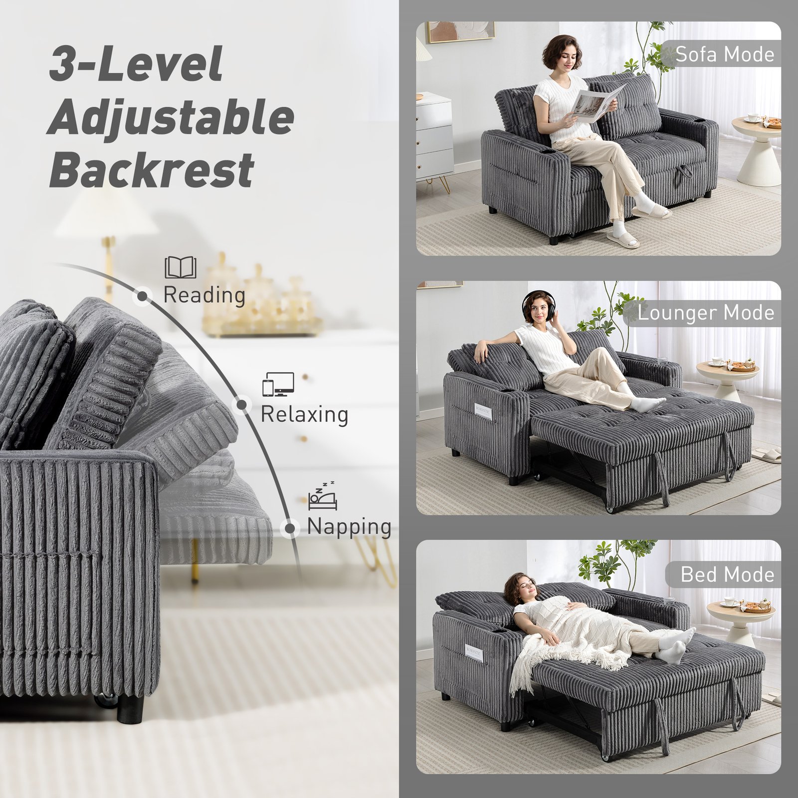 HOMCOM 2 Seater Click Clack Sofa Bed with Pull Out Design, Corduroy Upholstery - Charcoal Grey - Image 5