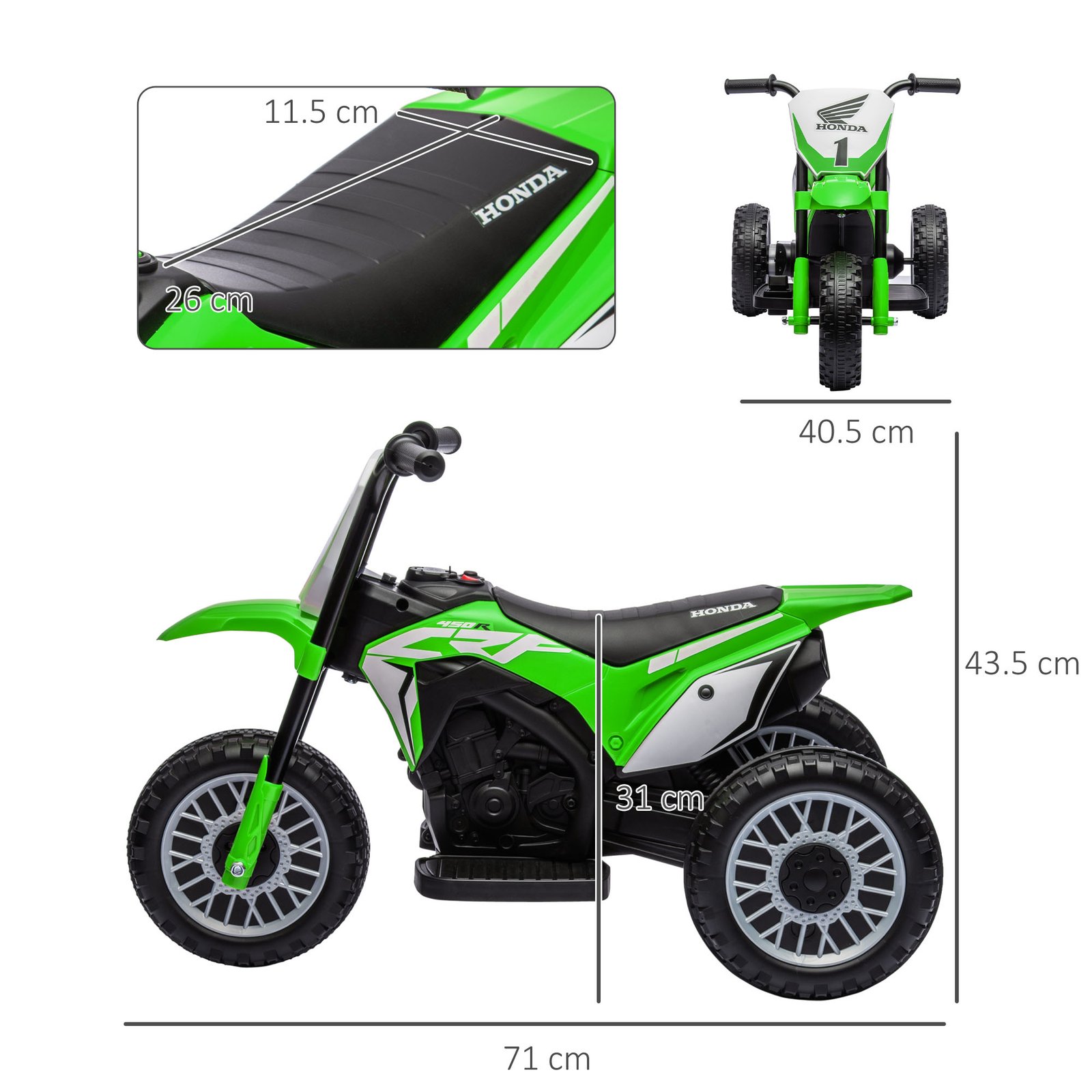 HOMCOM 6V Kids Motorbike, Three-Wheel Kids Electric Bike with Horn, Startup Sound for Ages 18-36 Months - Green - Image 3