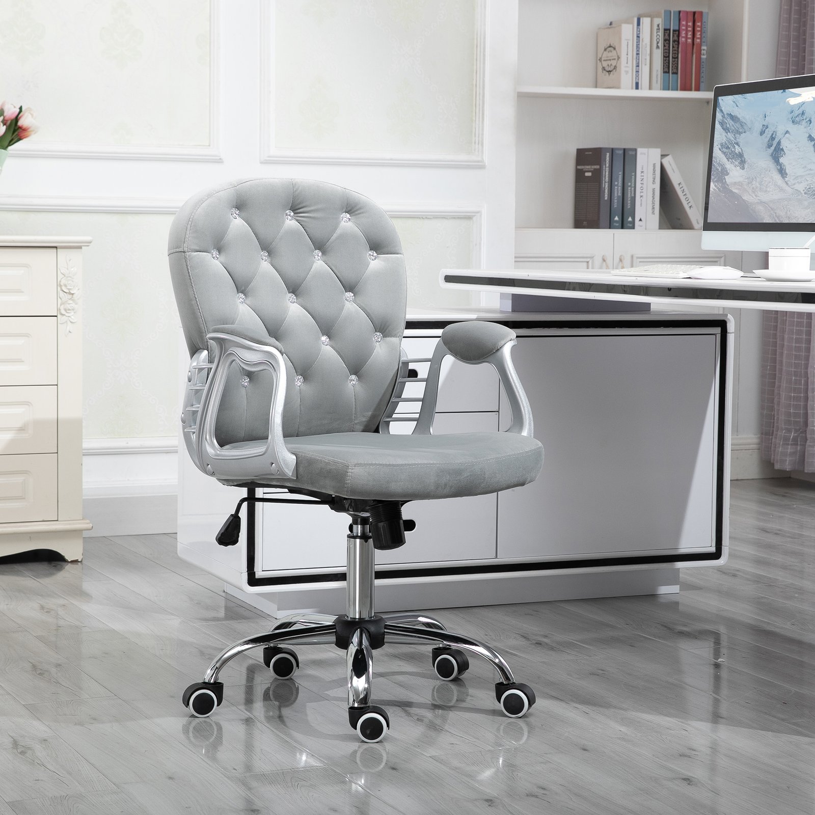 Vinsetto Office Chair, Swivel Desk Chair, Velvet Vanity Chair with Adjustable Height and Rolling Wheels for Home Work Study, Grey - Image 2