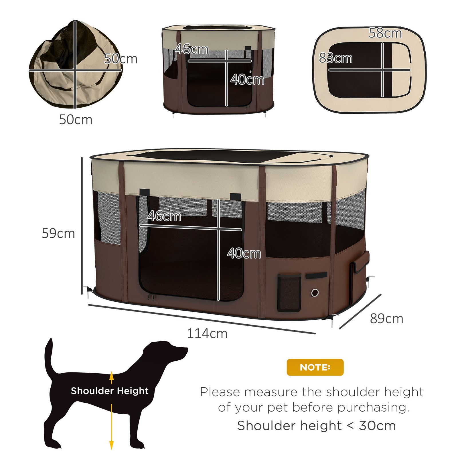 PawHut Foldable Dog Pen with Storage Bag for Indoor/Outdoor Use, Portable Pet playpen, with Ground Stakes - Brown - Image 3