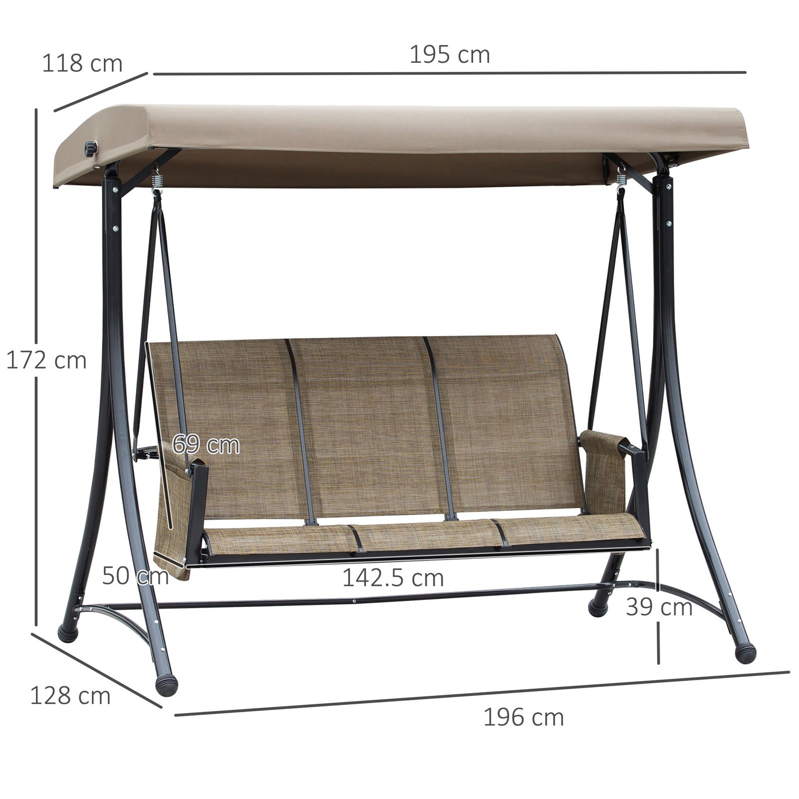 Outsunny 3 Seater Garden Swing Seat Outdoor Swing Chair with High Back Design, Steel Frame, Side Pouches, Adjustable Canopy, Brown - Image 3