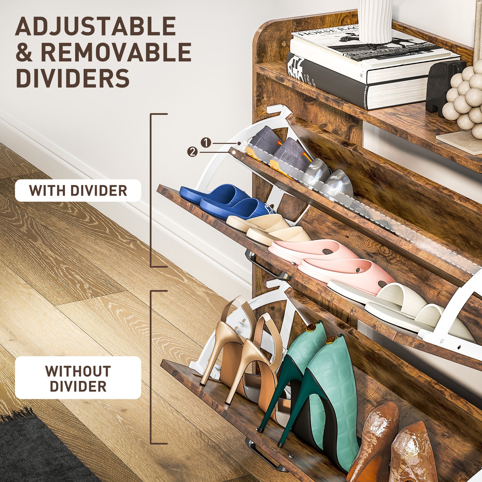 HOMCOM Two Flip Drawer Narrow Shoe Cabinet with Adjustable Shelves - Rustic Brown - Image 5