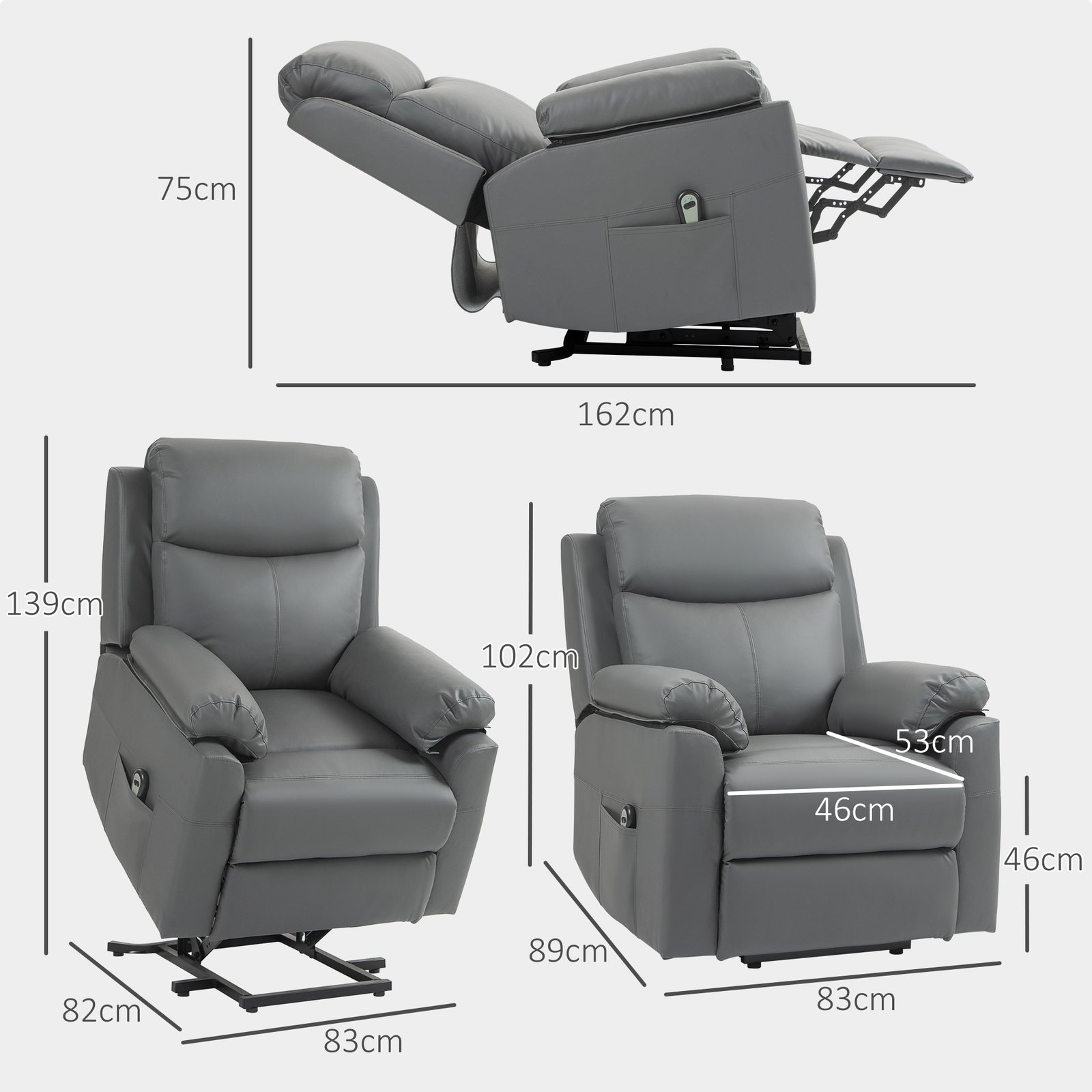 HOMCOM Faux Leather 70° Electric Riser Recliner Chair, Charcoal Grey - Image 3