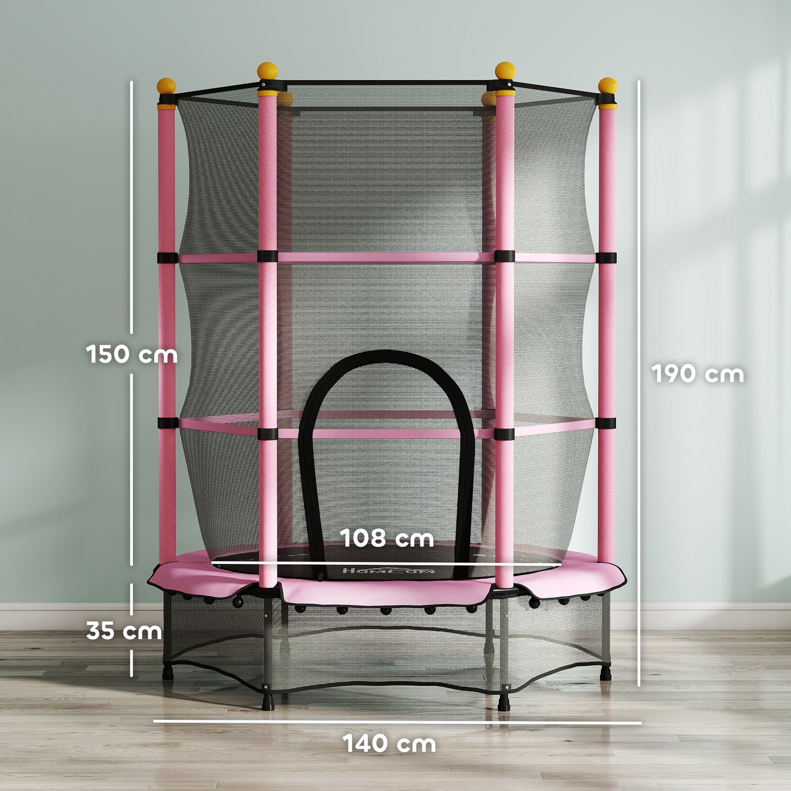 HOMCOM 4.6FT/55" Kids Trampoline with Enclosure Net, Outdoor Indoor Use, for Ages 3-10 Years, Pink - Image 3