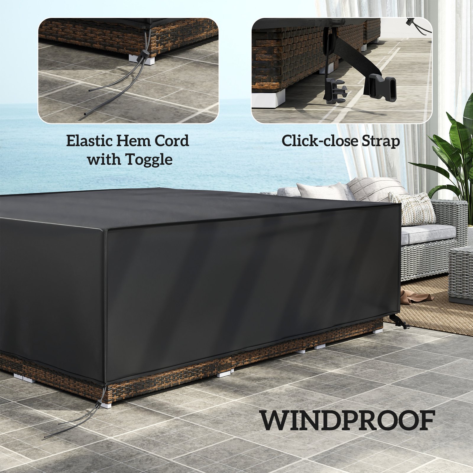 Outsunny Large Patio Garden Furniture Set Cover 600D Oxford Square Waterproof, 230 x 230 x 70 cm, Black - Image 5
