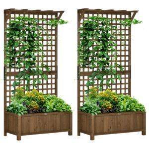 Outsunny 2 Pcs Raised Bed with Drainage Holes, Wood Planter with Trellis for Climbing Plants to Grow Vegetables, Flowers, Brown