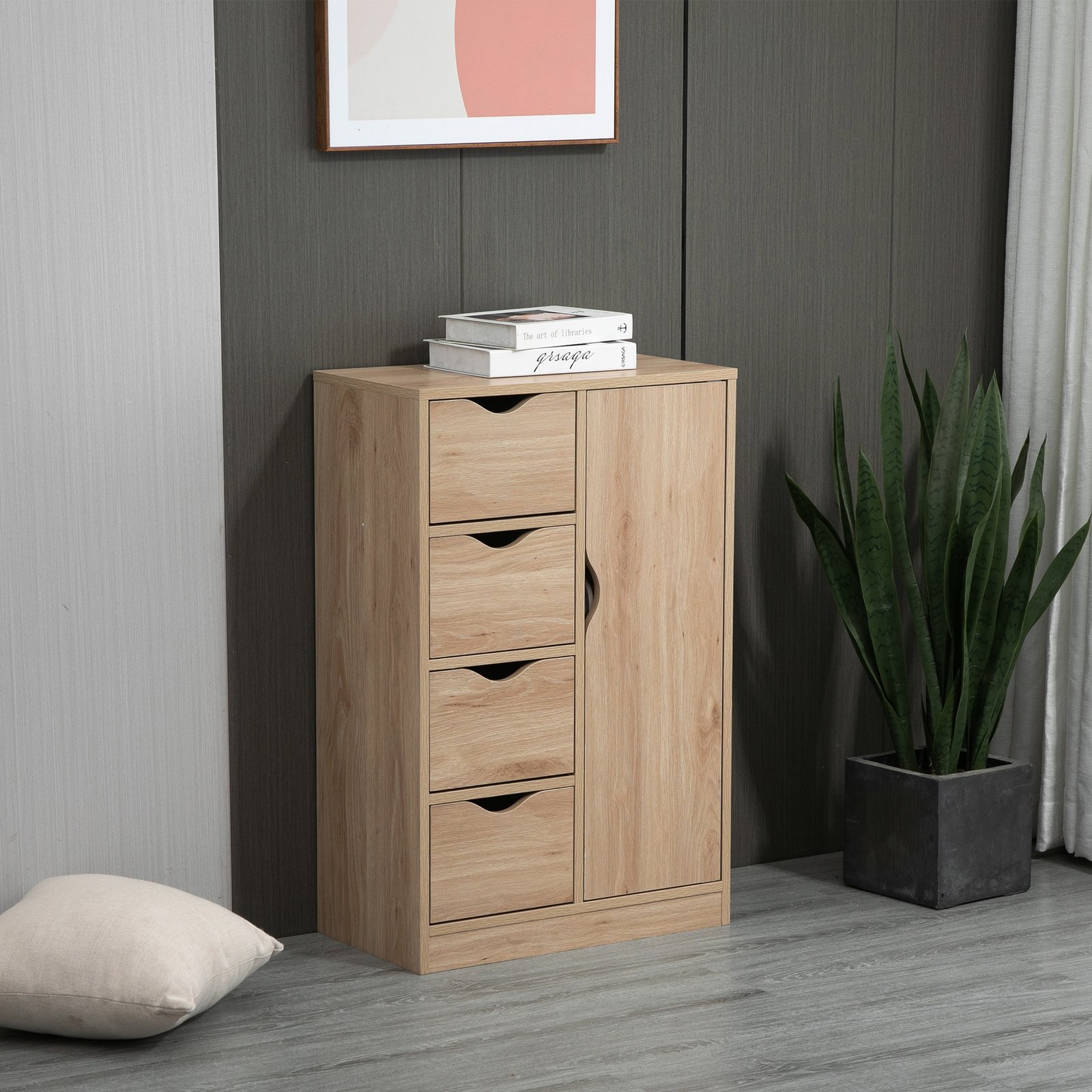 HOMCOM Bathroom Cabinet, Freestanding Storage Cabinet with 4 Drawers, Door Cupboard for Living Room, Kitchen, Bedroom, Natural - Image 2