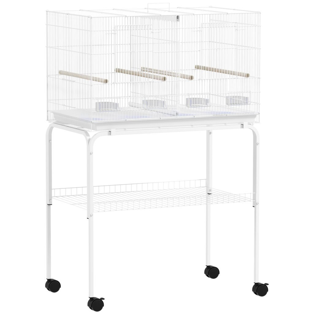 PawHut Bird Cage with Divider, 4 Wooden Perches, Slide Out Tray, 4 Feeders, for Budgie, Lovebird, Canary, 76 x 46 x 116cm White