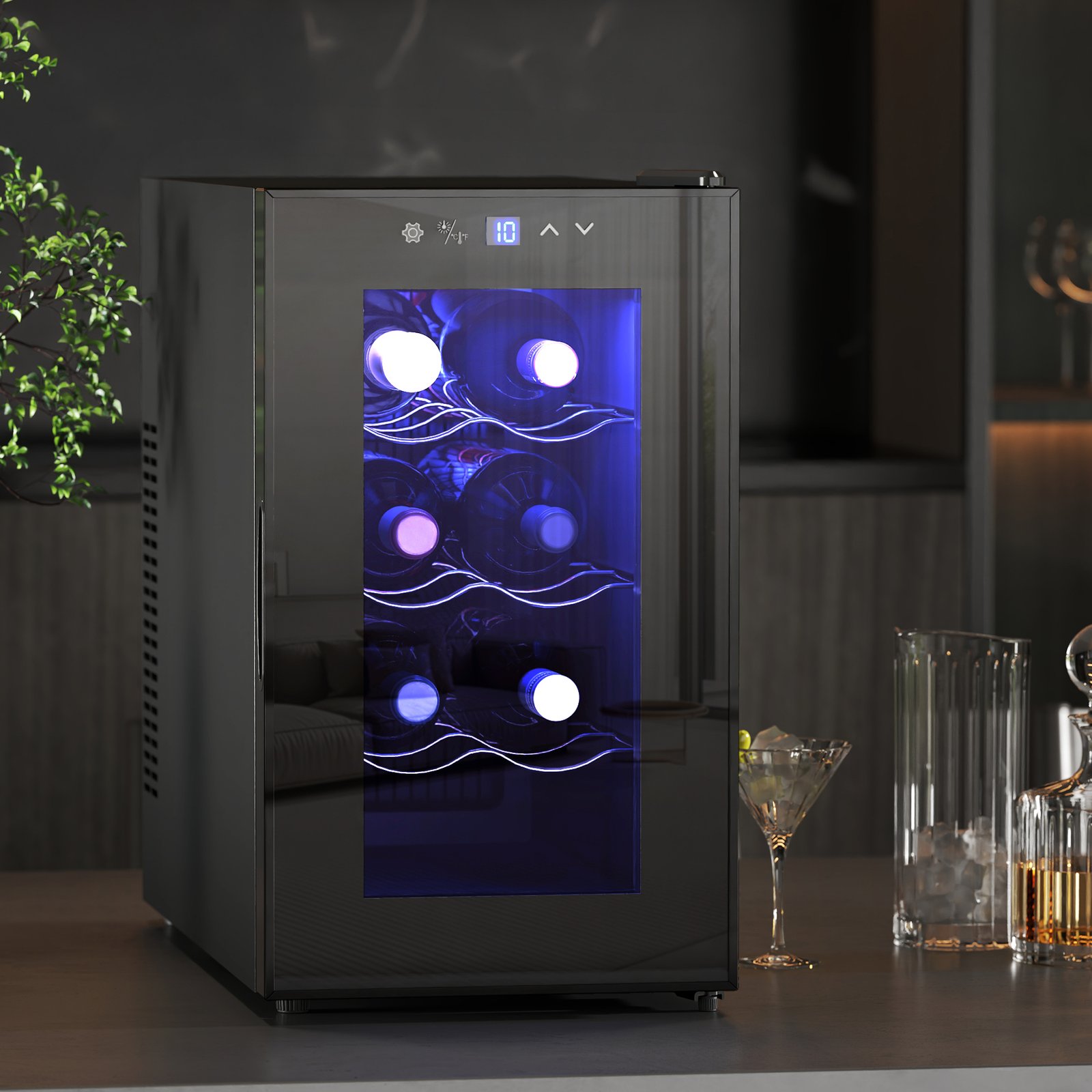 HOMCOM Mini Table Top Wine Fridge, 8 Bottle, 17L, 8-18?, 26.5cm Quiet Under Counter Wine Cooler Fridge with Glass Door, LED Light, Digital Touch Screen, Temperature Control - Image 2