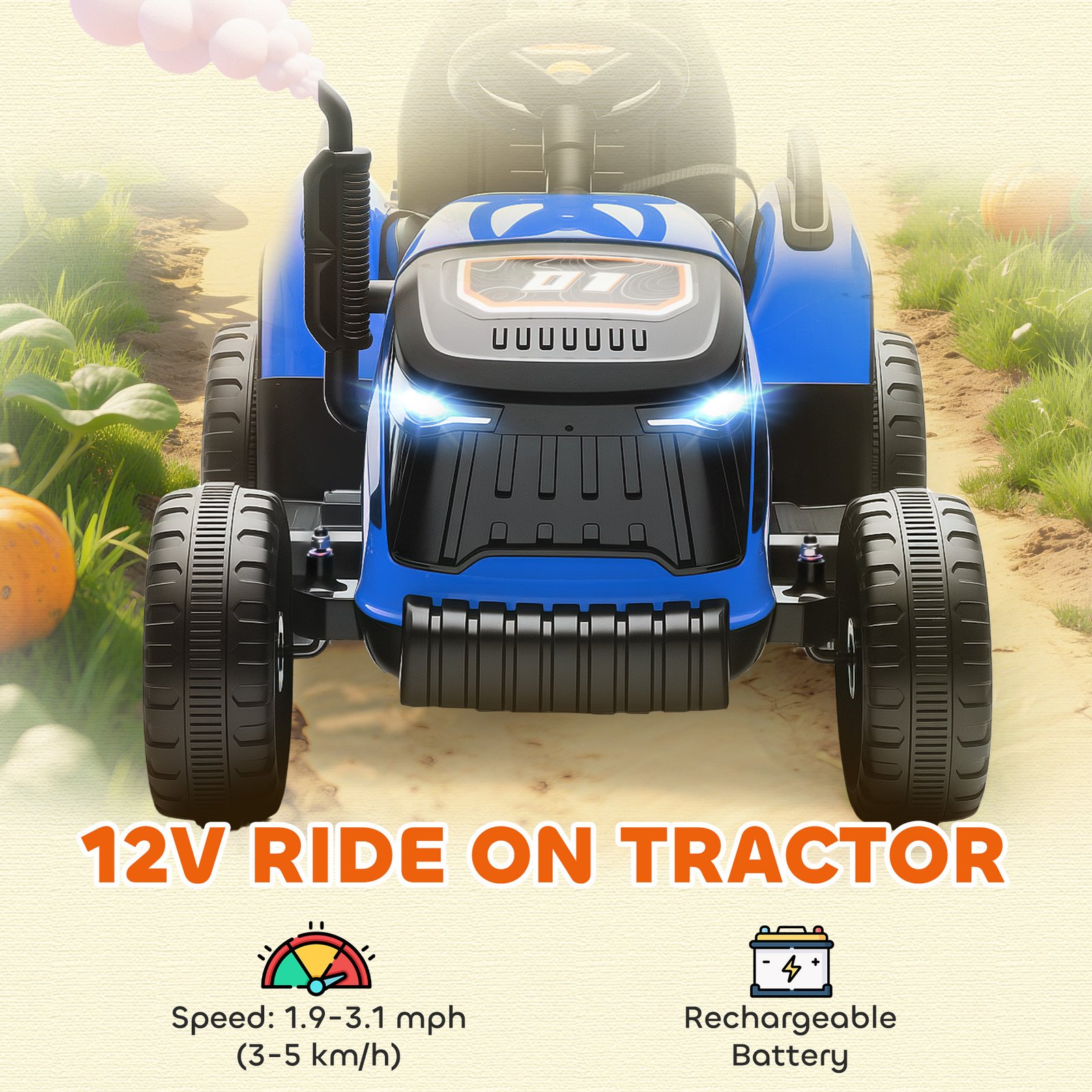 AIYAPLAY 12V Ride on Tractor and Trailer with Remote Control, Music, Shifter, Start-Up Sound, for Kids Ages 3-8 Years, Blue - Image 4