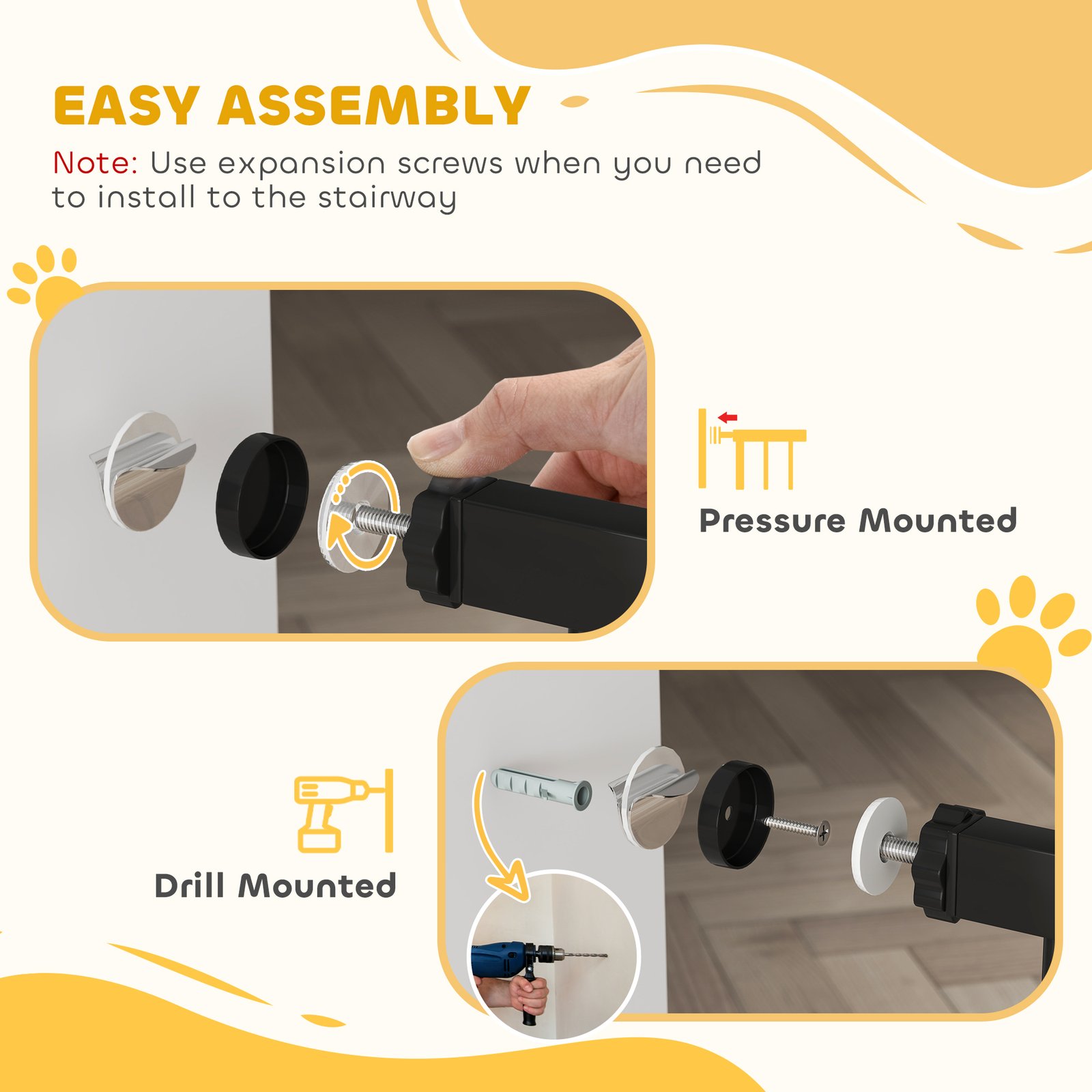 PawHut Metal 74-80cm Adjustable Pet Gate Safety Barrier w/ Auto-Close Door Black - Image 7