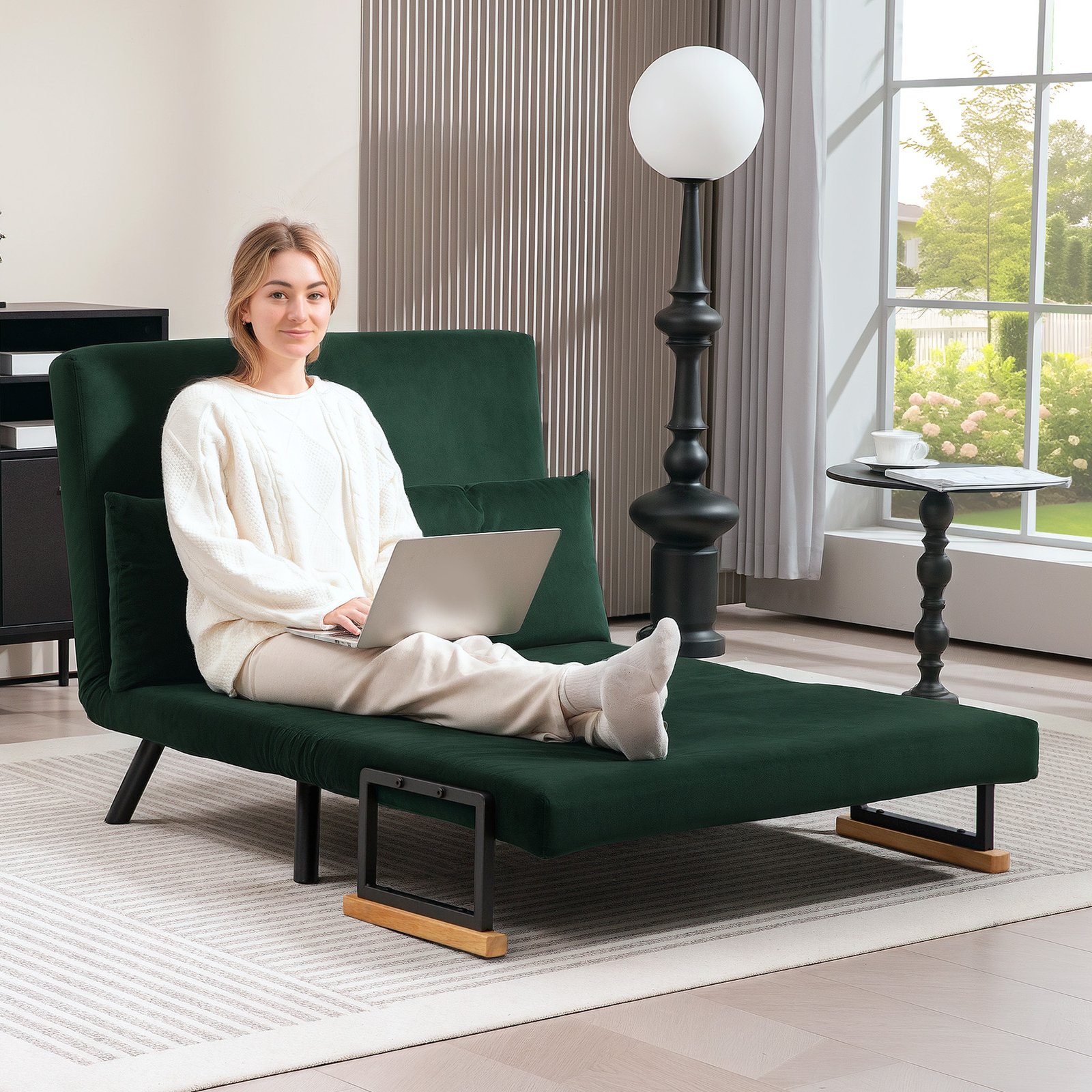 HOMCOM 4-in-1 Velvet-Feel Double Sofa Bed, with Pillows - Green - Image 7