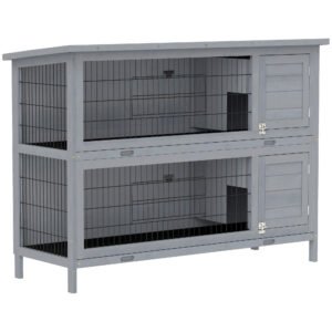 PawHut Rabbit Hutch Outdoor Guinea Pig Hutch Bunny Cage with No-Leak Trays, Divider, 136 x 50 x 93cm, Grey