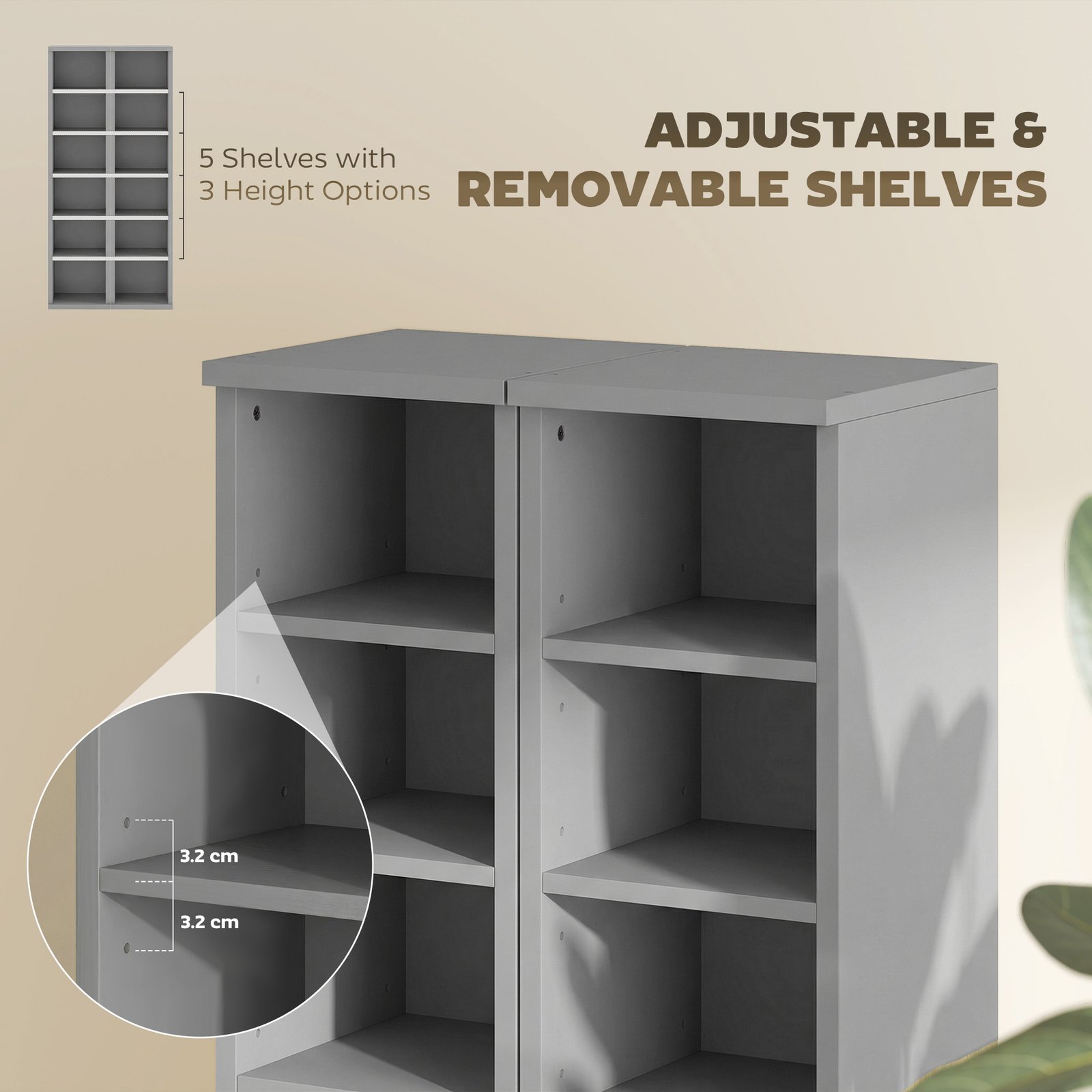 HOMCOM Set of 2 CD Media Display Shelf Unit Tower Rack with Adjustable Shelves, Light Grey - Image 6