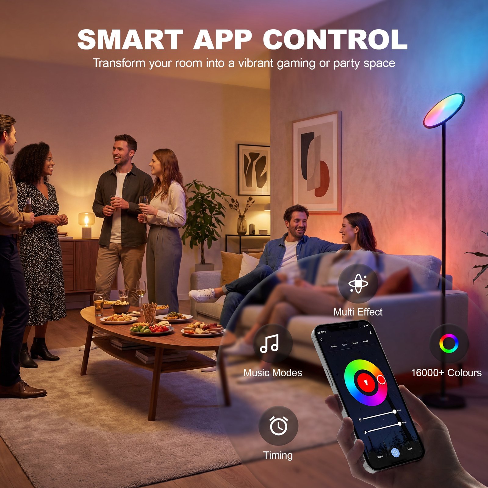 HOMCOM Uplighter Floor Lamp with Tuya App and Music Sync, Standing Lamp with Adjustable Head for Living Room Bedroom, Black - Image 4